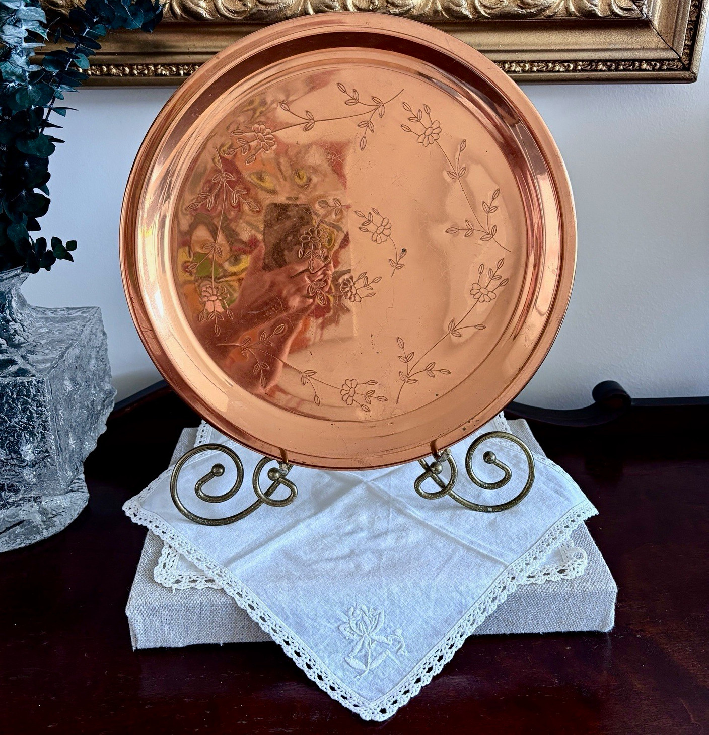 Vintage Princess House No. 301 copper etched floral serving tray.