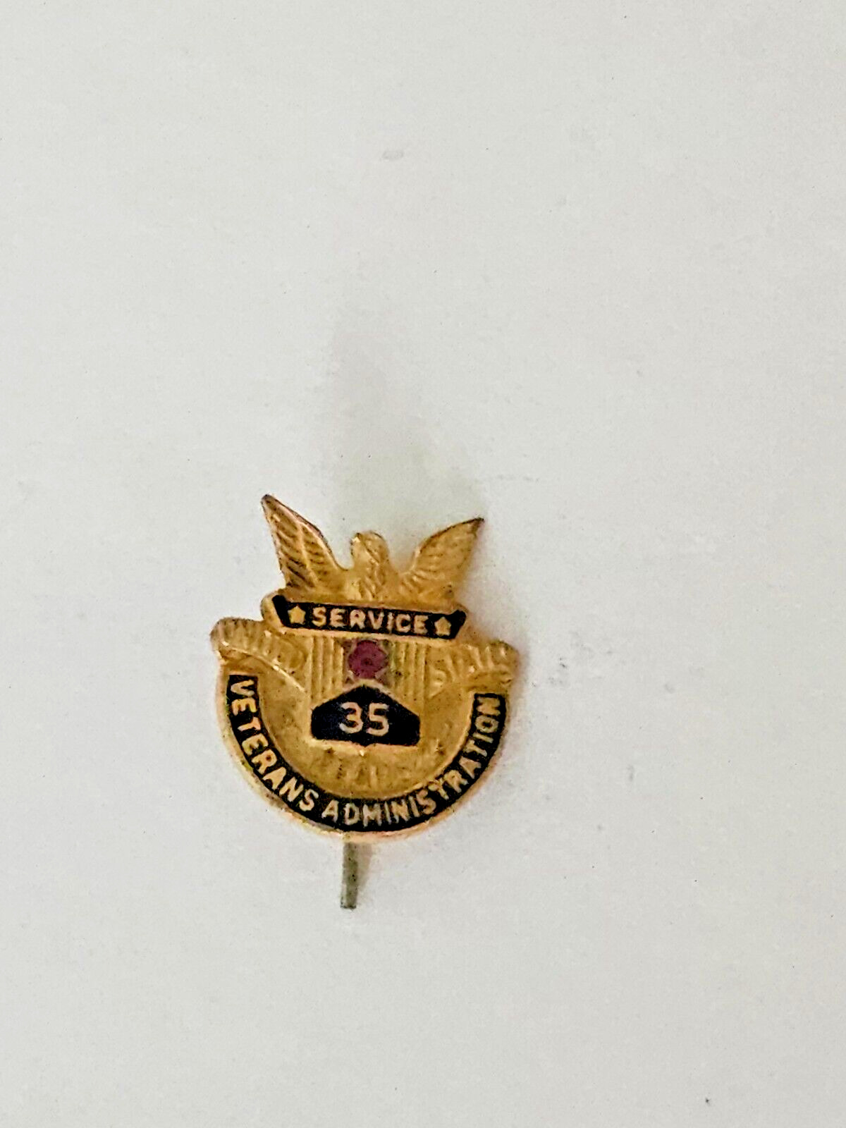 35 Years Veterans Administration Gold Pin Set with Small Ruby/Garnet