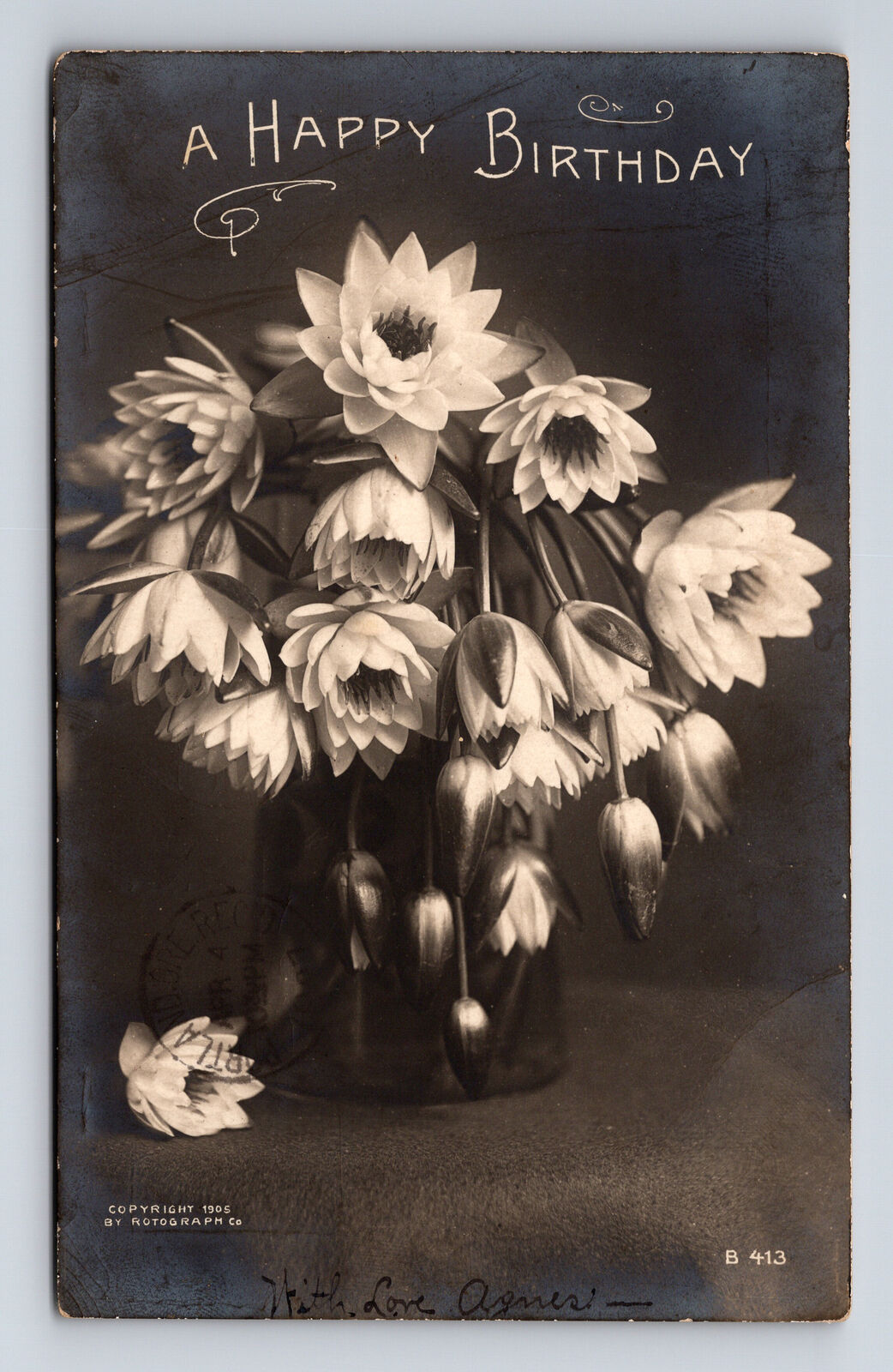 c1905 RPPC Happy Birthday Bouquet of Flowers ROTOGRAPH Real Photo Postcard