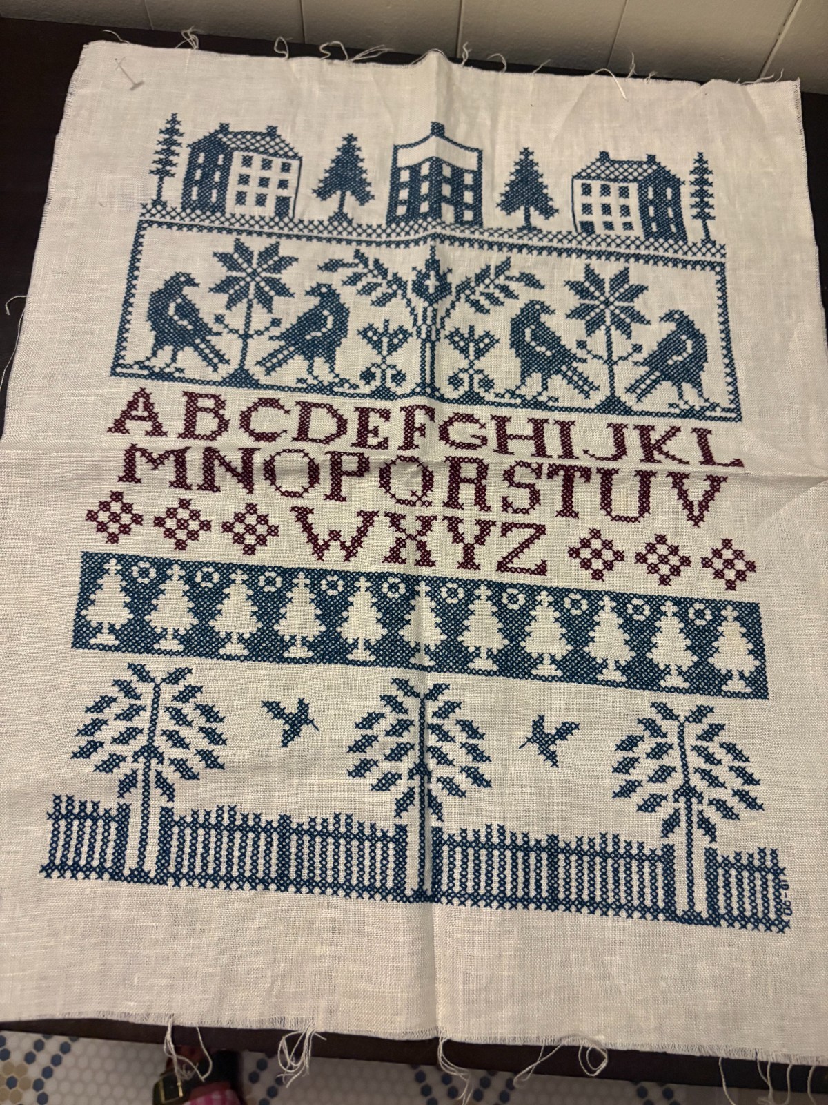Vintage Cross Stitch Sampler Alphabet Blue Burgundy Linen 16x19