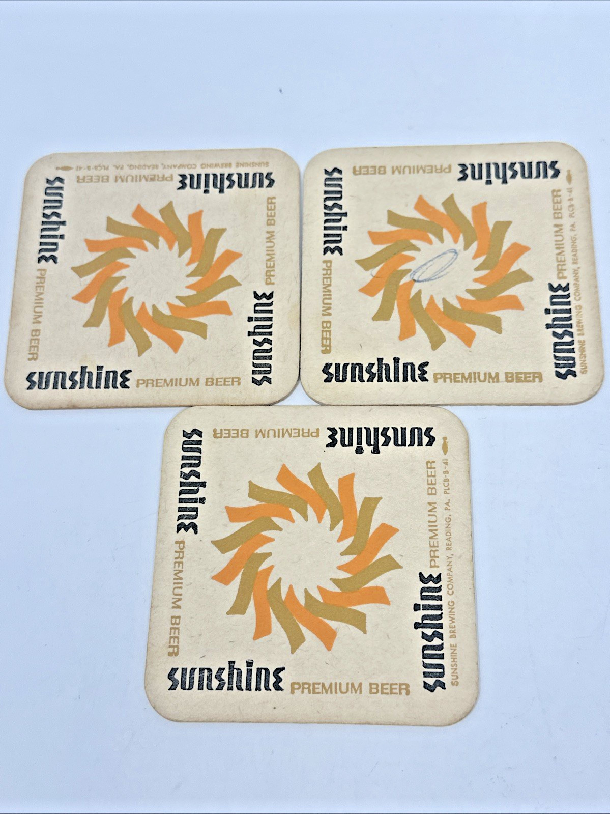 Vintage Sunshine Brewing Co Beer Coaster Premium Beer Reading PA Lot x 3 HTF