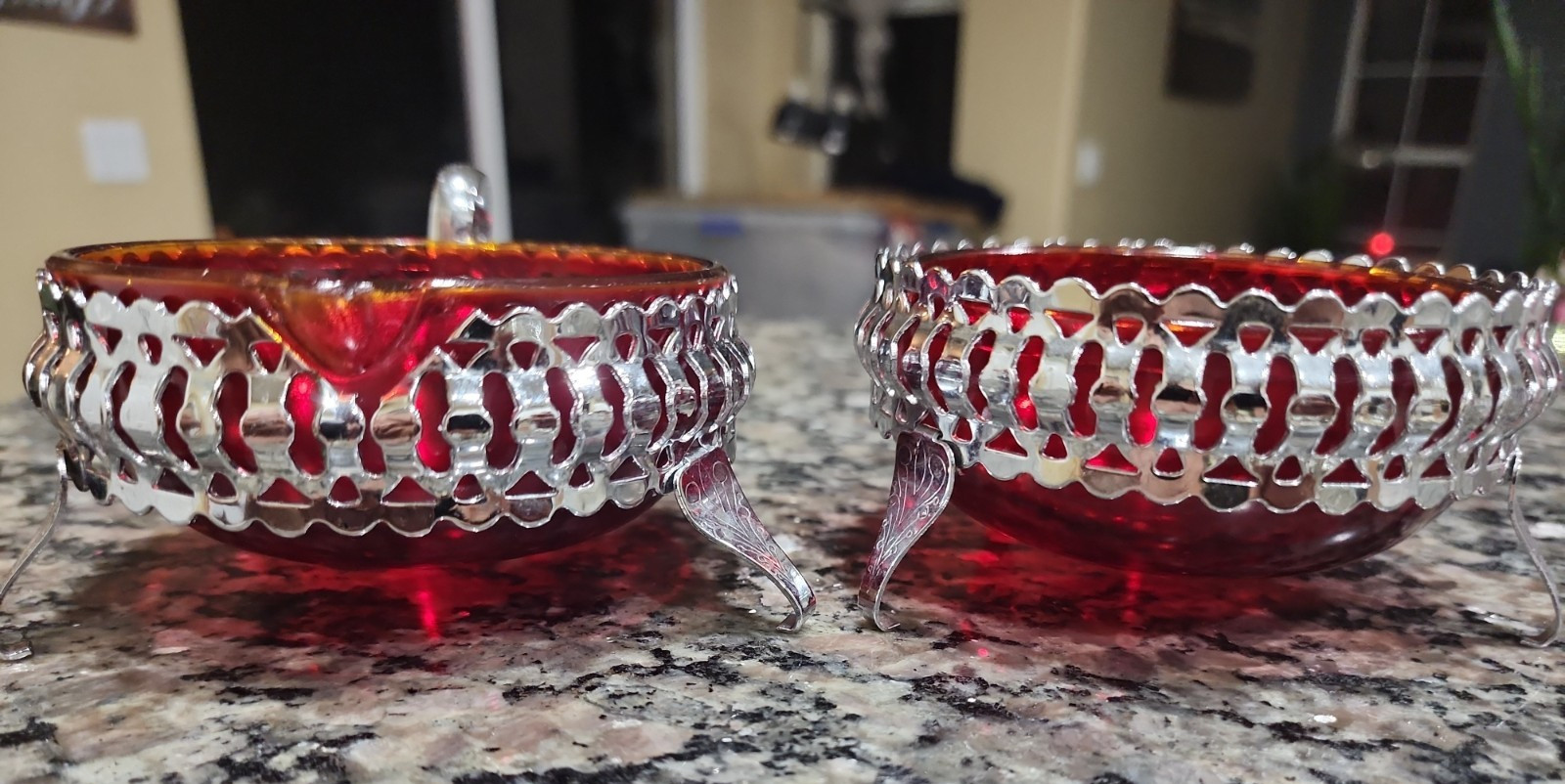 Vintage Red Glass Creamer & Sugar Set with Silver Holders