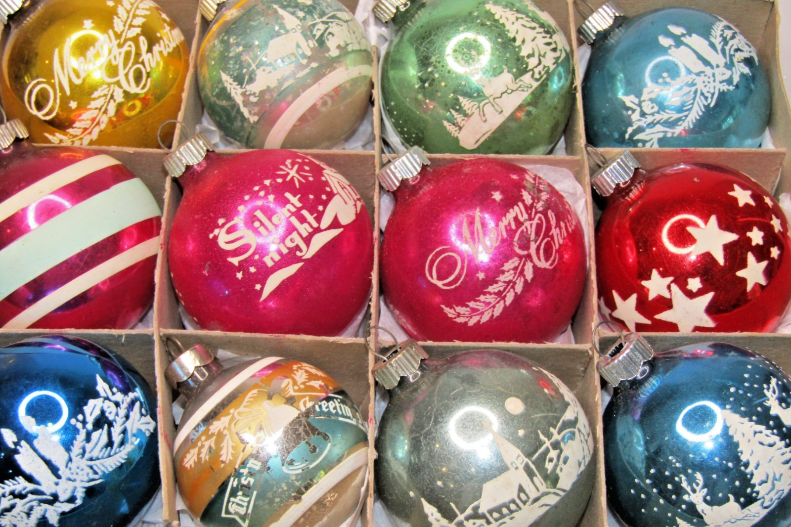 Lot VTG Glass Pictured SILENT NIGHT MERRY BALL Christmas Ornaments Shiny Brite