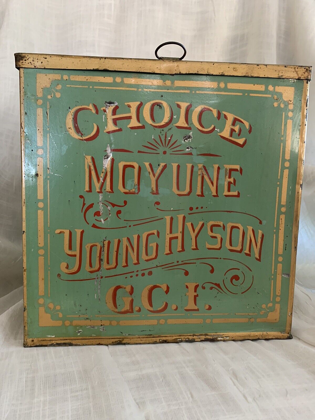 Antique: Choice Moyune Young Hyson G.C.I Store Counter Display Tin
