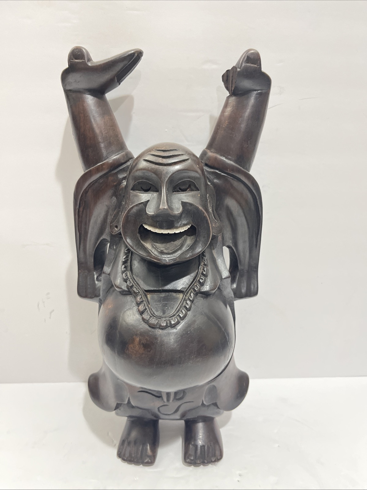 Vintage Asian Wooden Smiling Buddha Statue Seven Lucky Gods 15” Tall