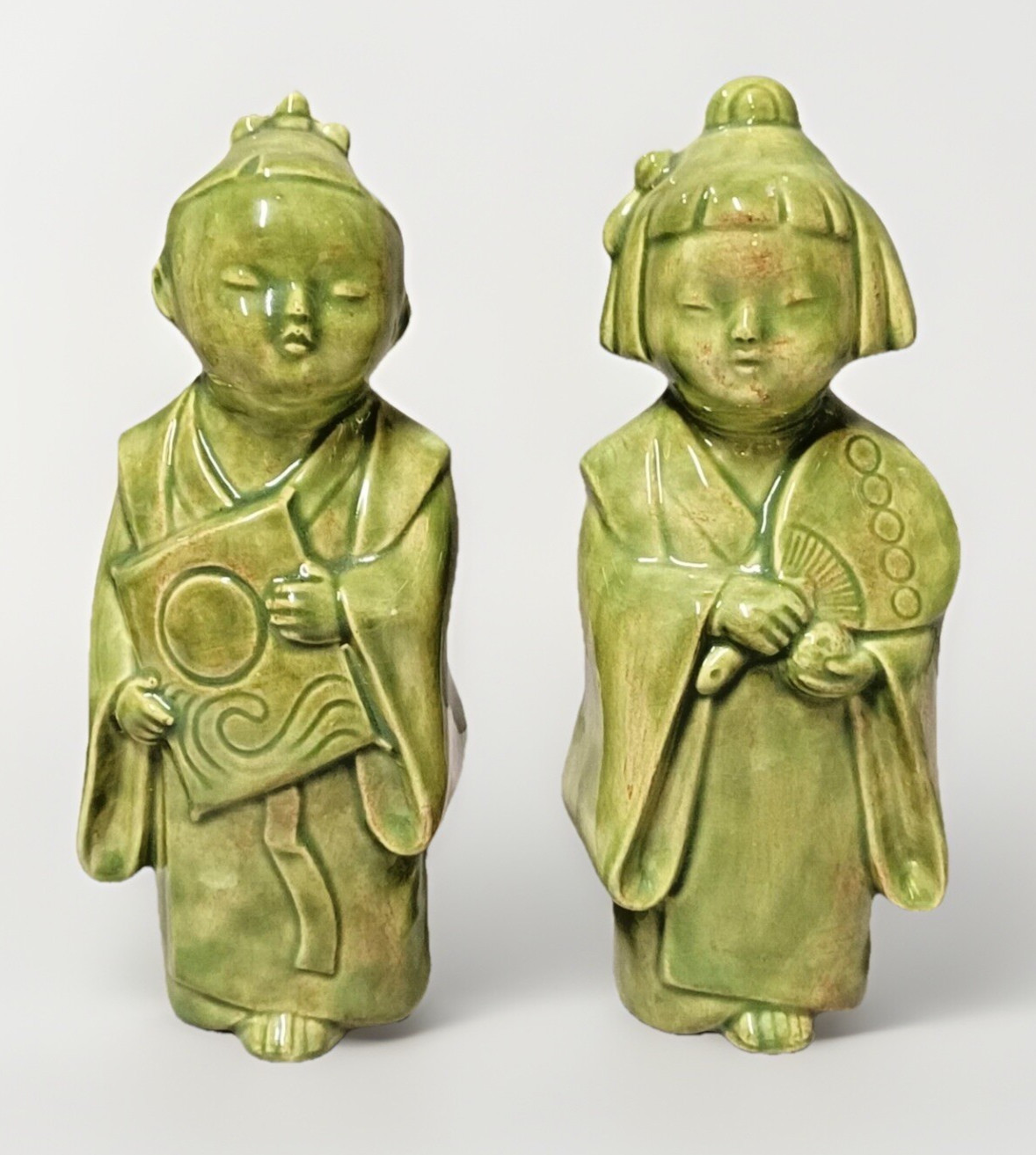 Asian Couple in Jade Green Artist Signed Vintage Ceramic Pottery