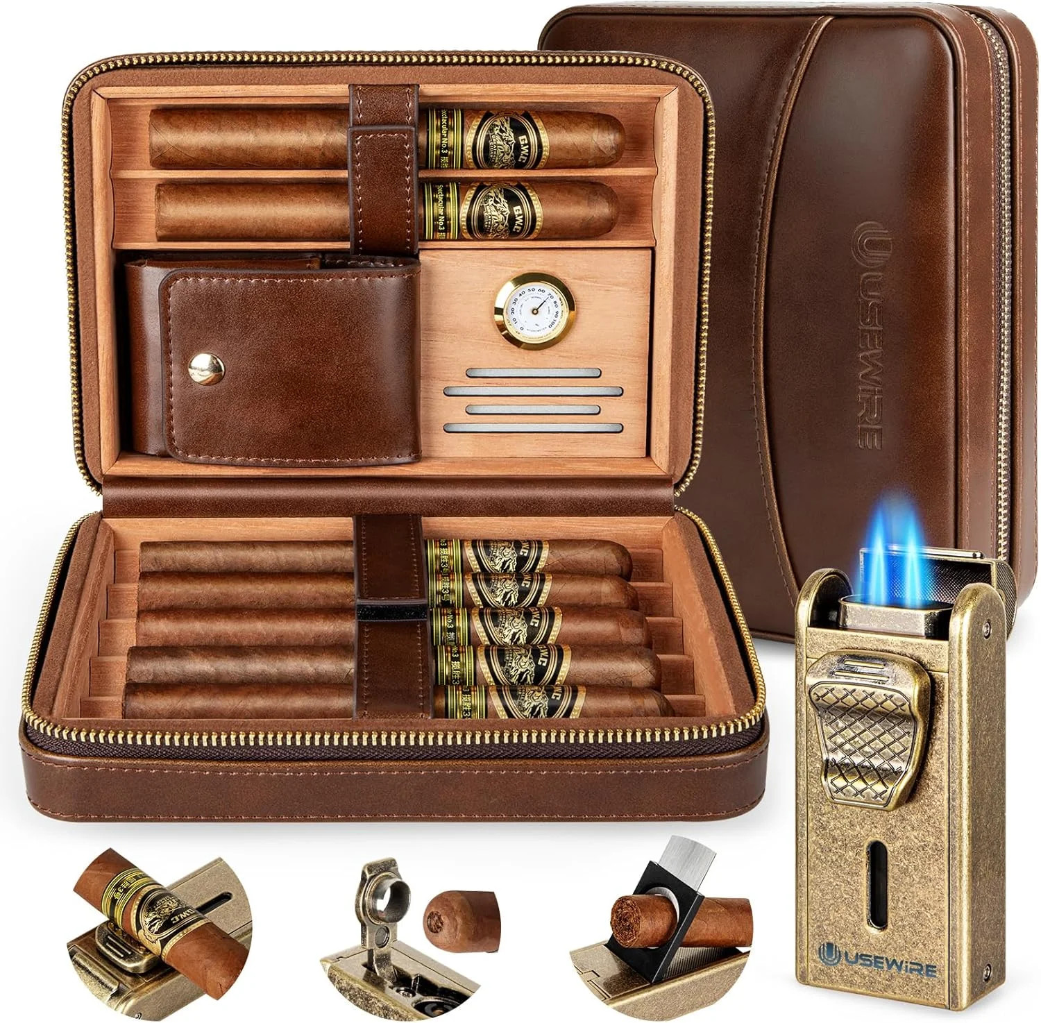 Leather Cedar Wood Cigar Humidor Case Set with Lighter Travel Accessory