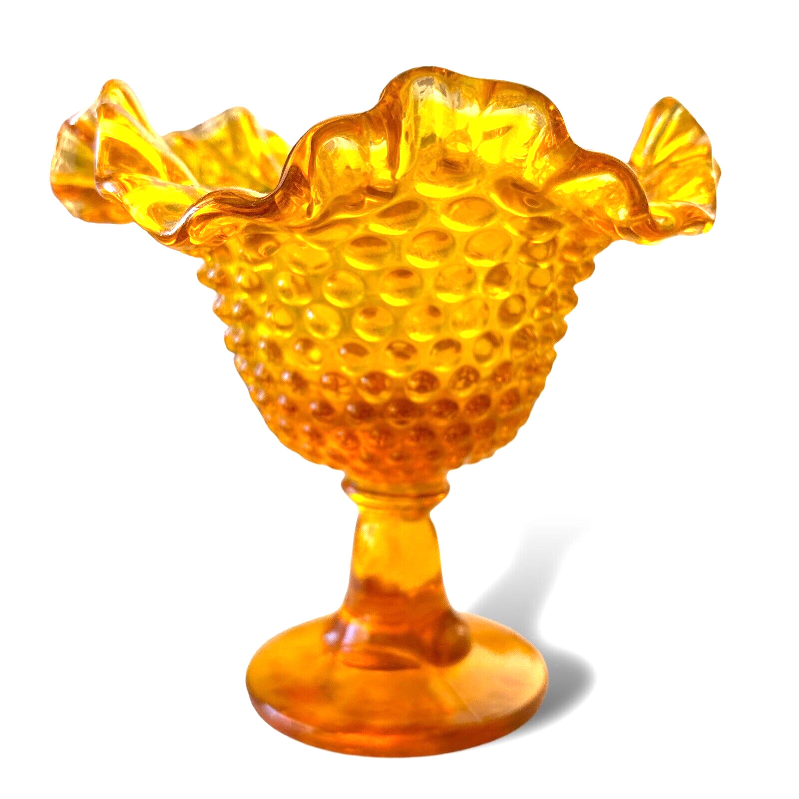 Vintage Fenton Glass Hobnail Amber Ruffled Pedestal Candy Dish Compote MCM