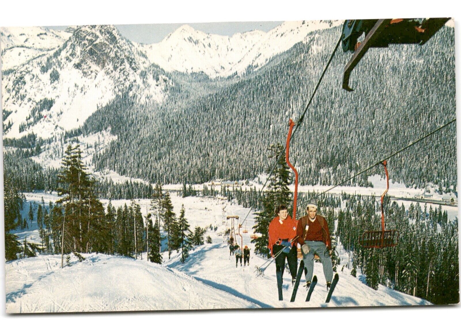 CHAIR LIFT - SNOQUALMIE PASS SKI AREA Vintage Chrome Postcard