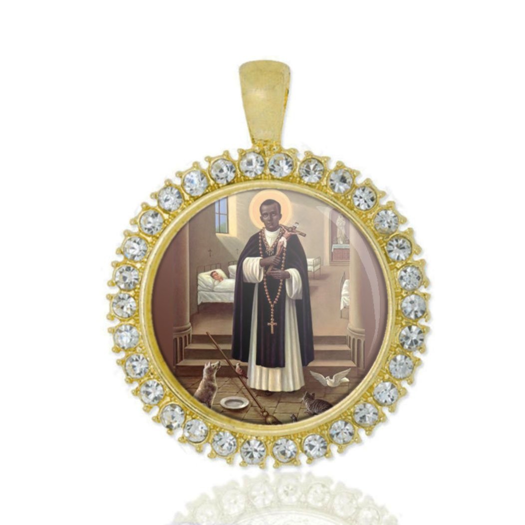 St Martin De Porres Christian Round Medal Gold Tone Pendant with Rhinestones
