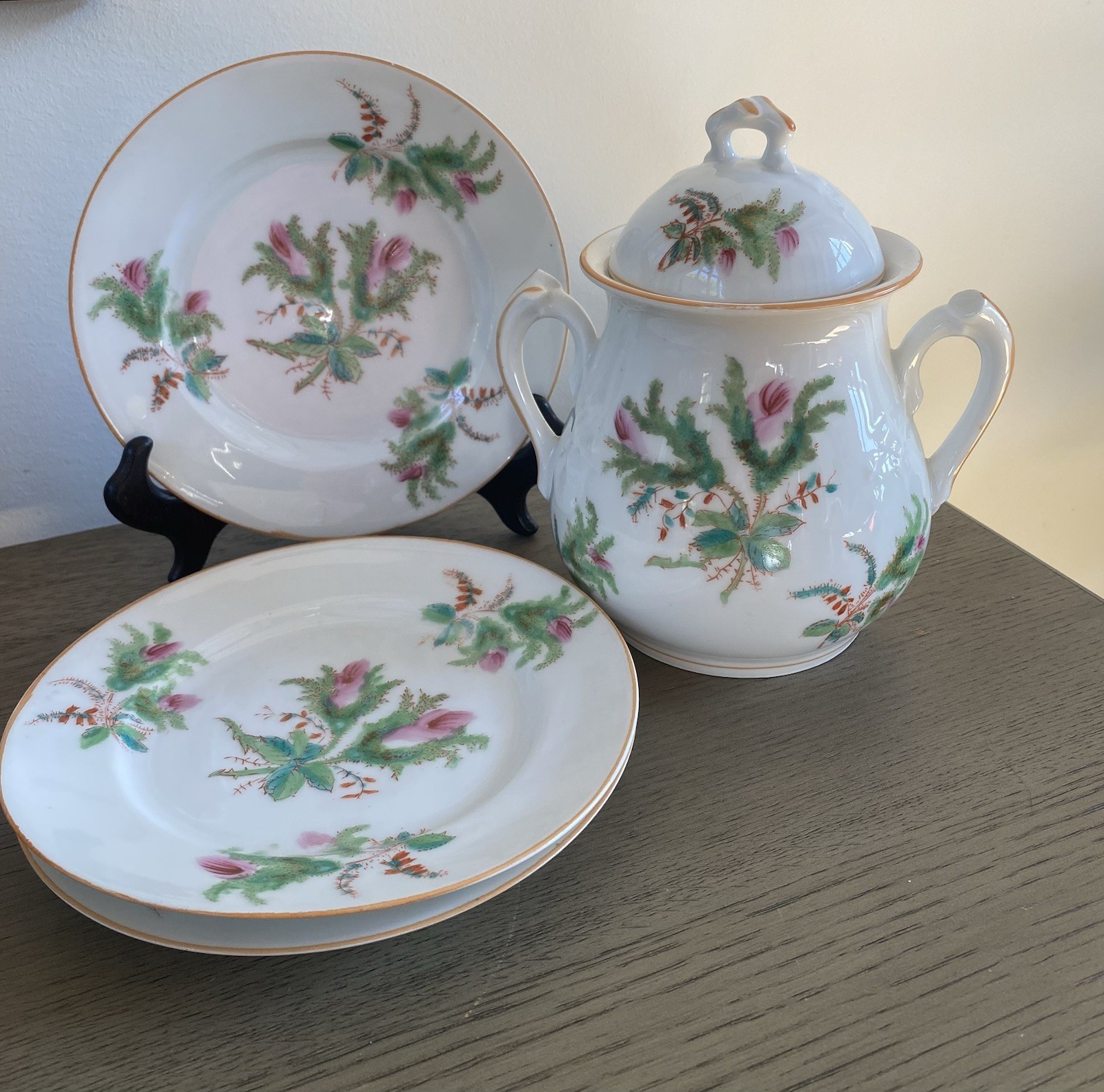 Antique Haviland Limoges Moss Rose Biscuit Jar And 3 Salad Plates Antique Haviland Limoges Moss Rose Biscuit Jar And 3 Salad Plates