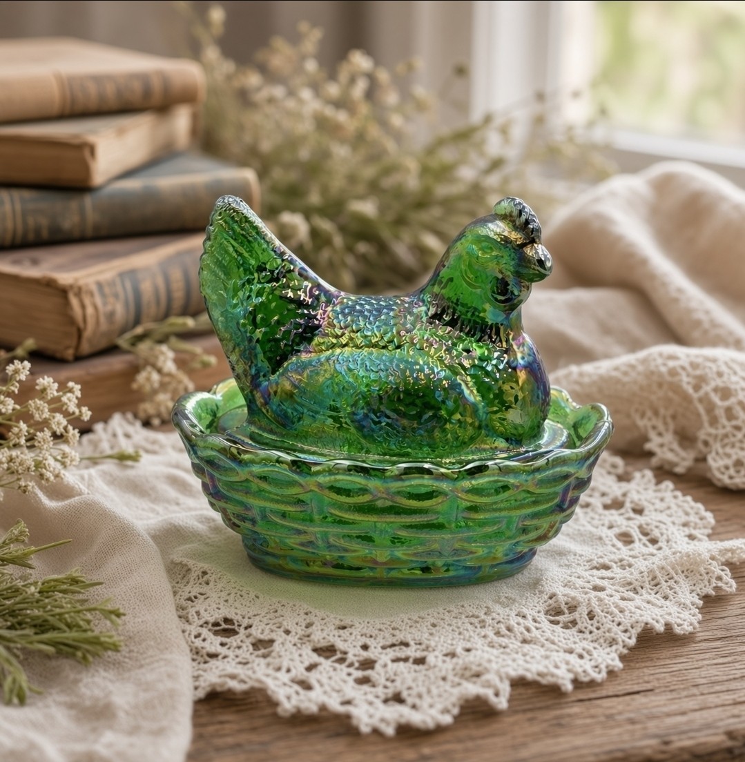 Westmoreland by Rosso Emerald Green Carnival Glass Hen on Nest Mini Salt Cellar 