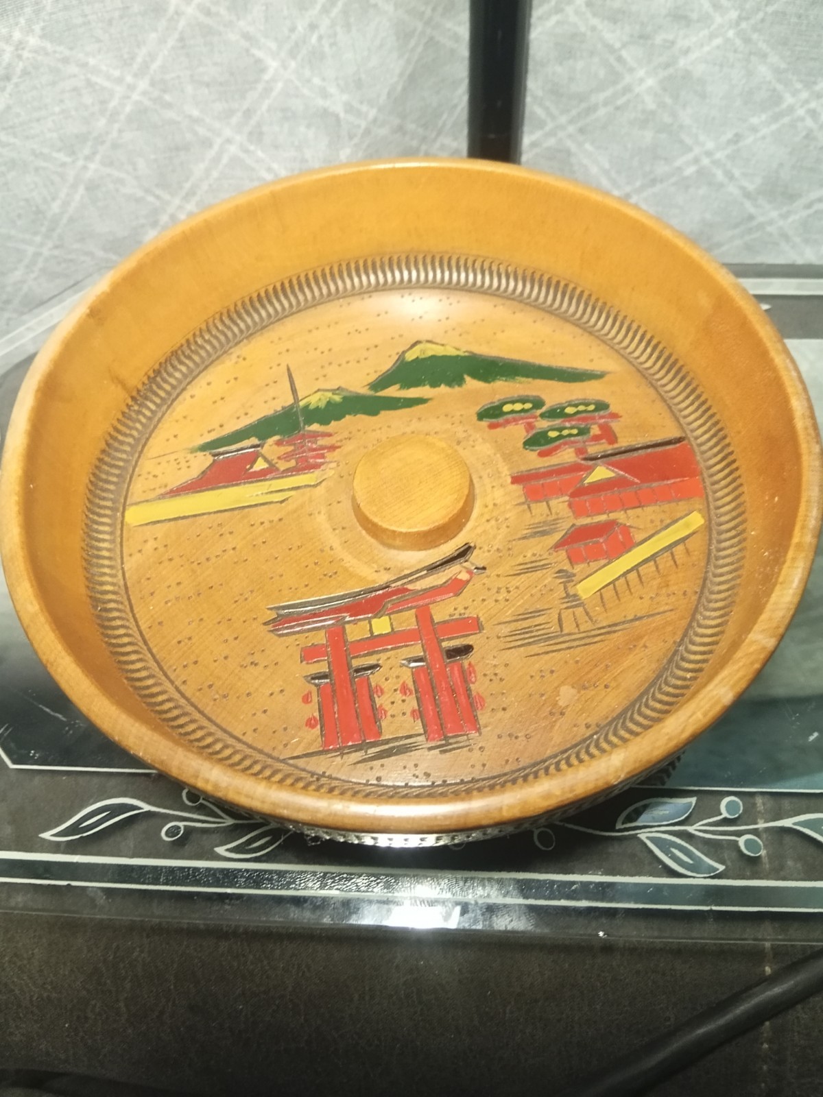 Japanese Wooden Bowl Hand Painted Carved Vintage 7.25\