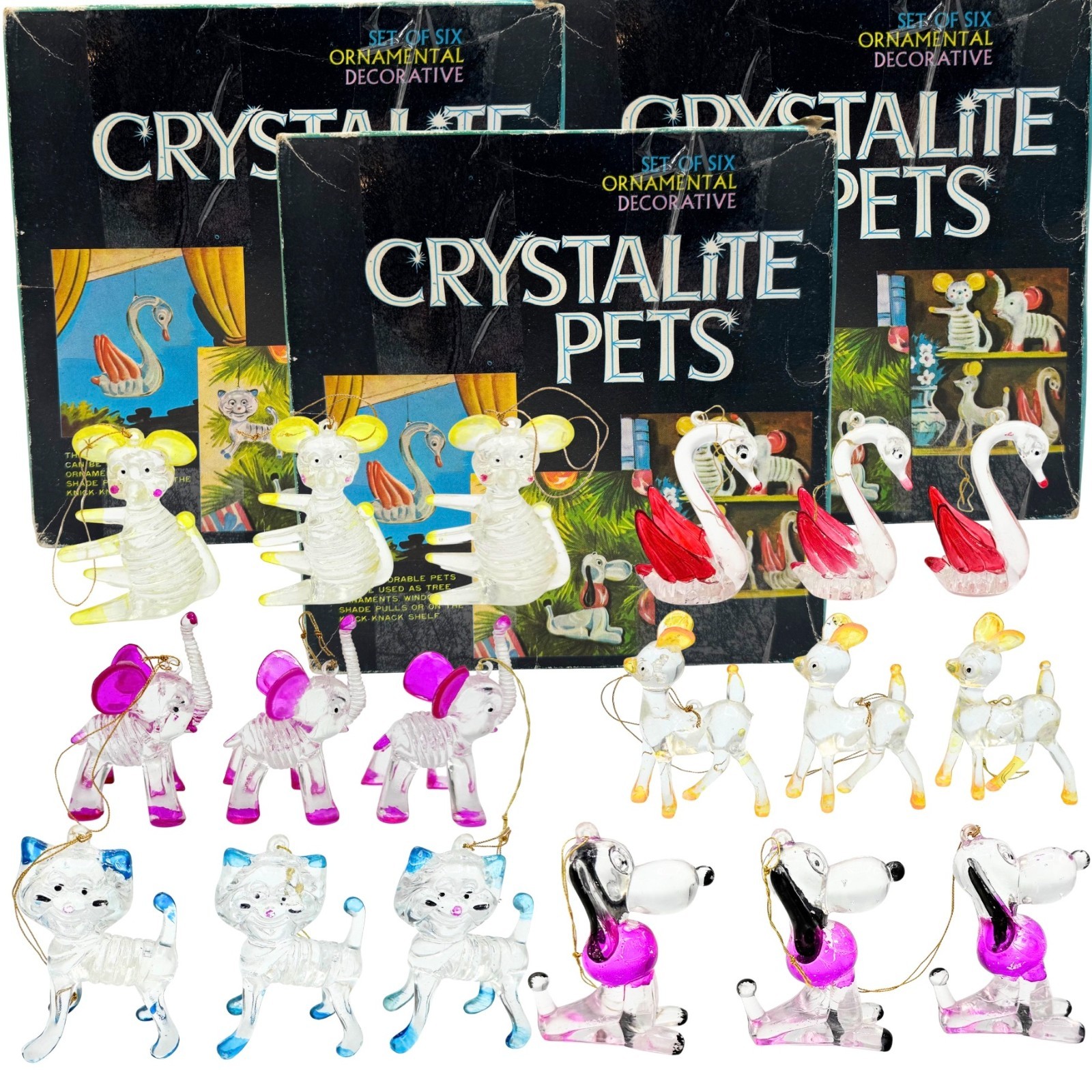 VTG 1976 Crystalite Pets Ornaments Lot of 3 Boxes 18 Total Animals Hong Kong