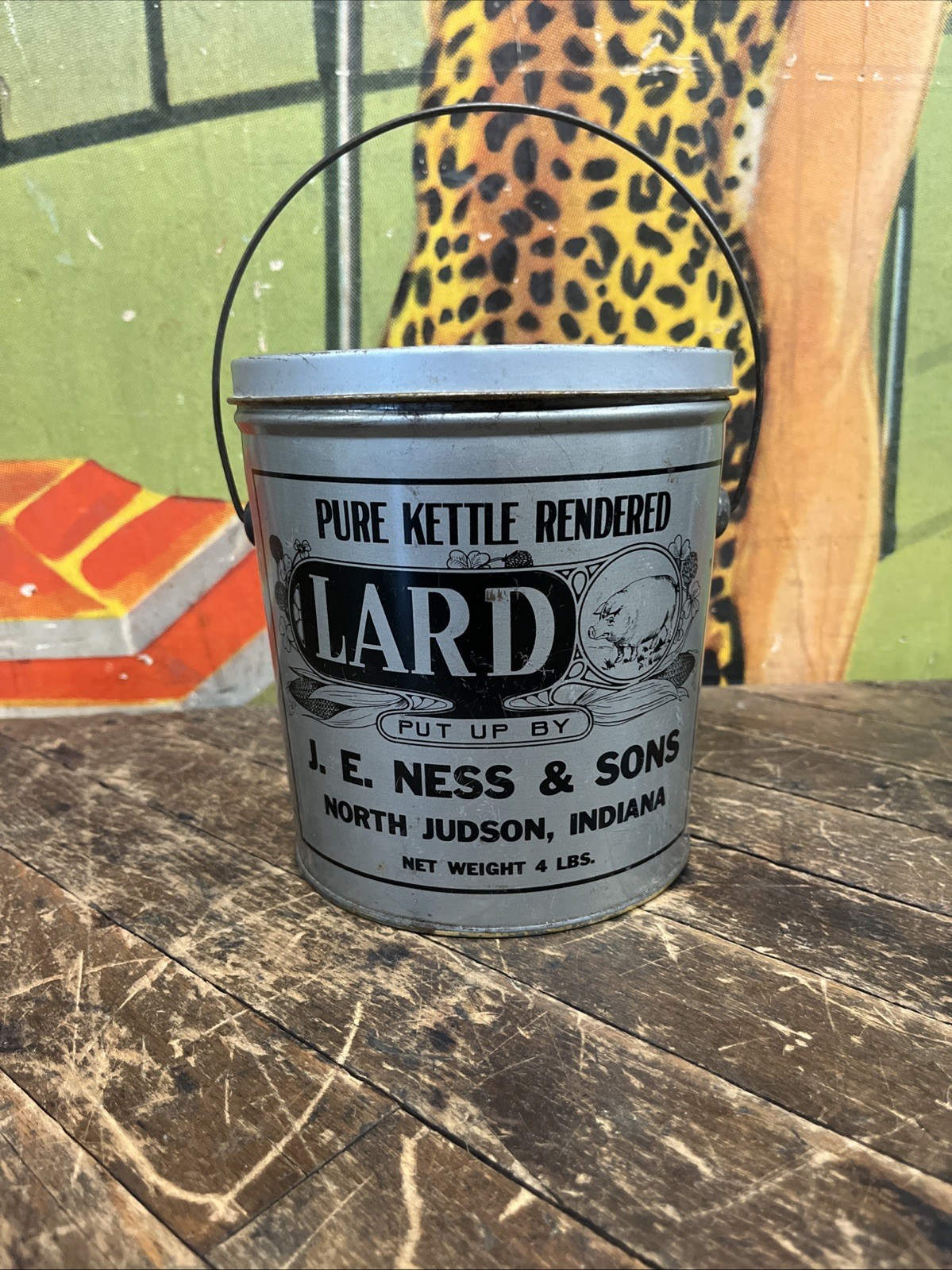 VINTAGE J. E. NESS & SONS 4 LB LARD TIN CAN SIGN NORTH JUDSON INDIANA PIG DECOR