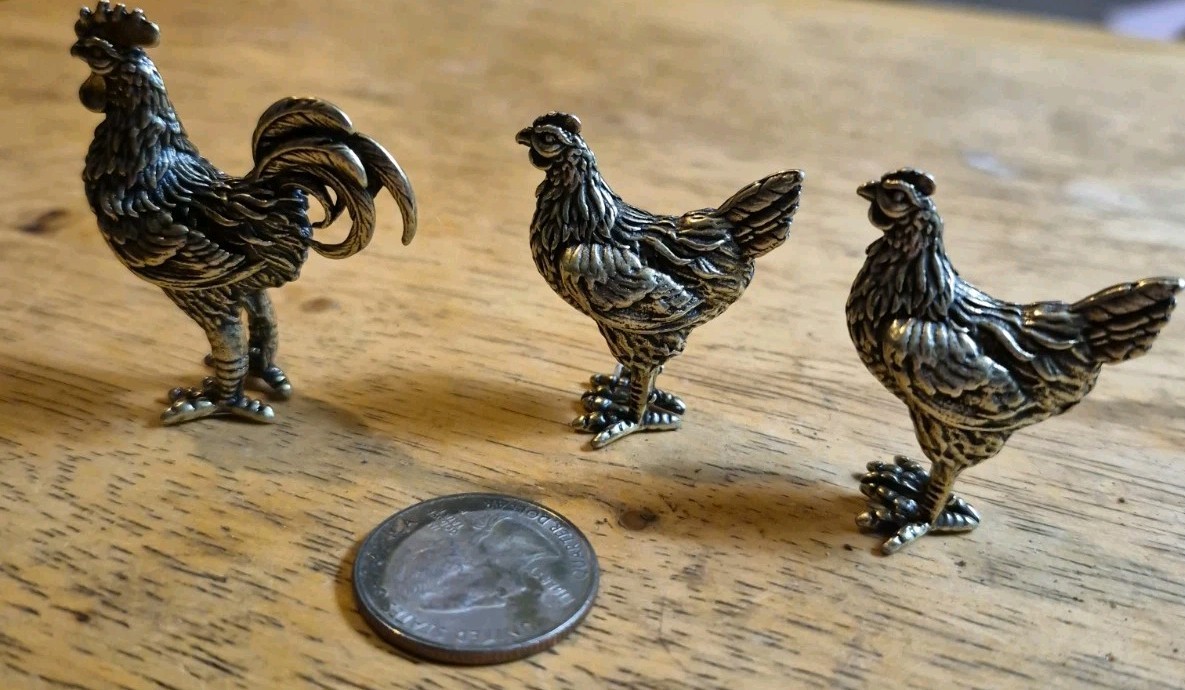 Set Of Three Small Brass Detailed Chickens & Rooster