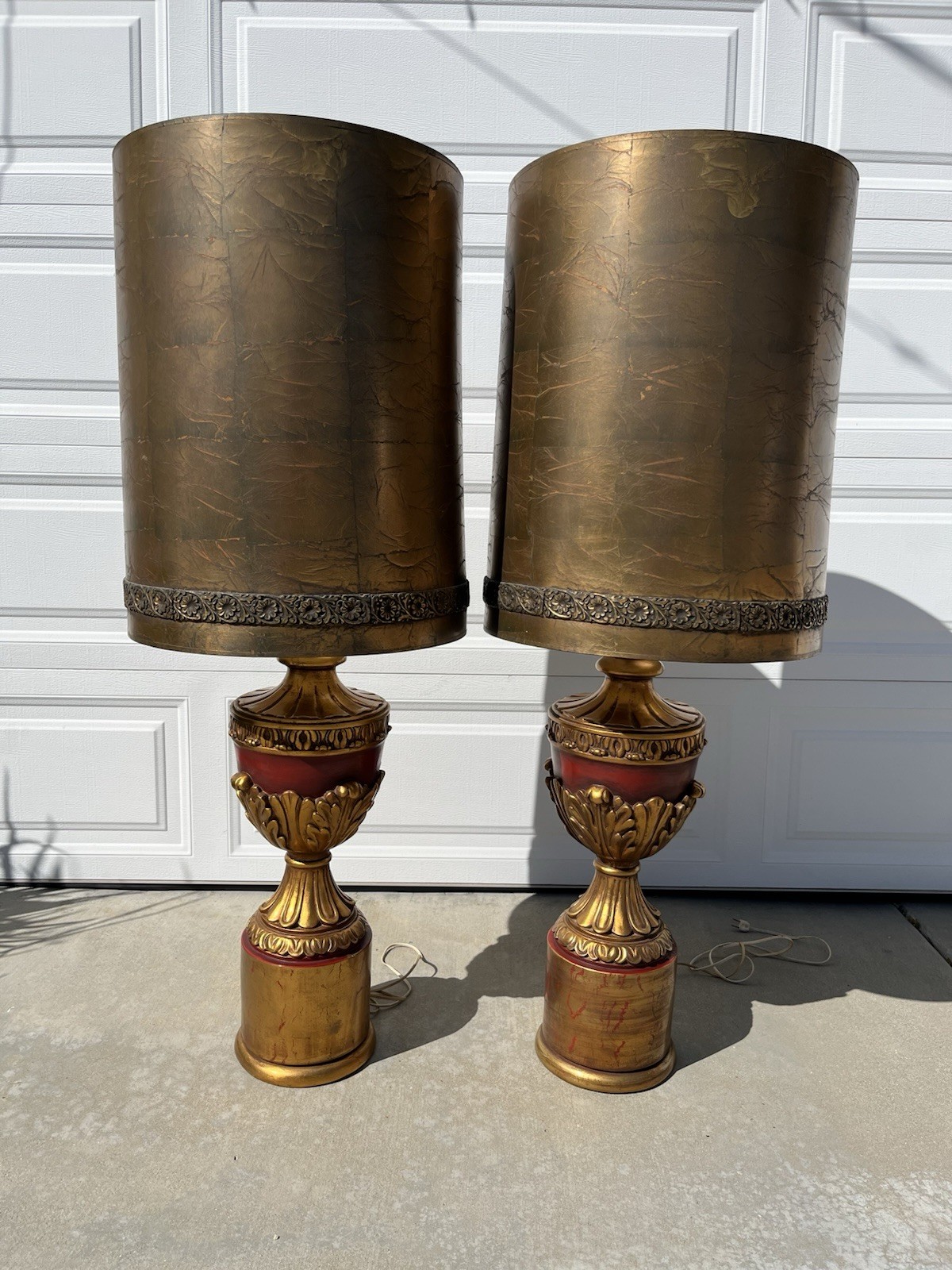 Two Vintage MCM Oversized F.A.I.P. Lamps Hollywood Regency Gold And Red Plaster