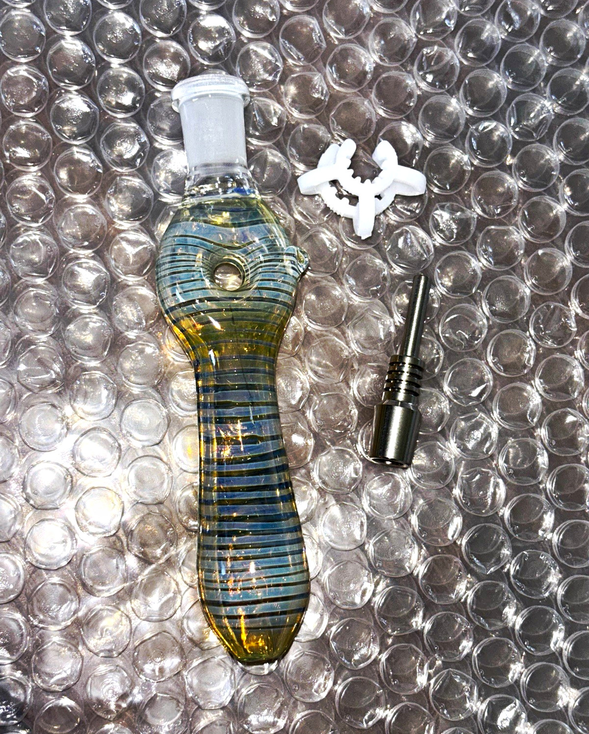 Blue & Yellow Striped Glass Tobacco Pipe
