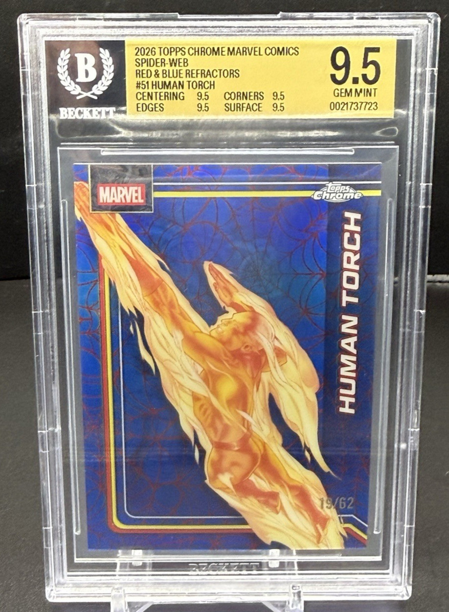 2026 Topps Chrome Marvel Human Torch Spider Web Red & Blue Refractor /62 BGS 9.5