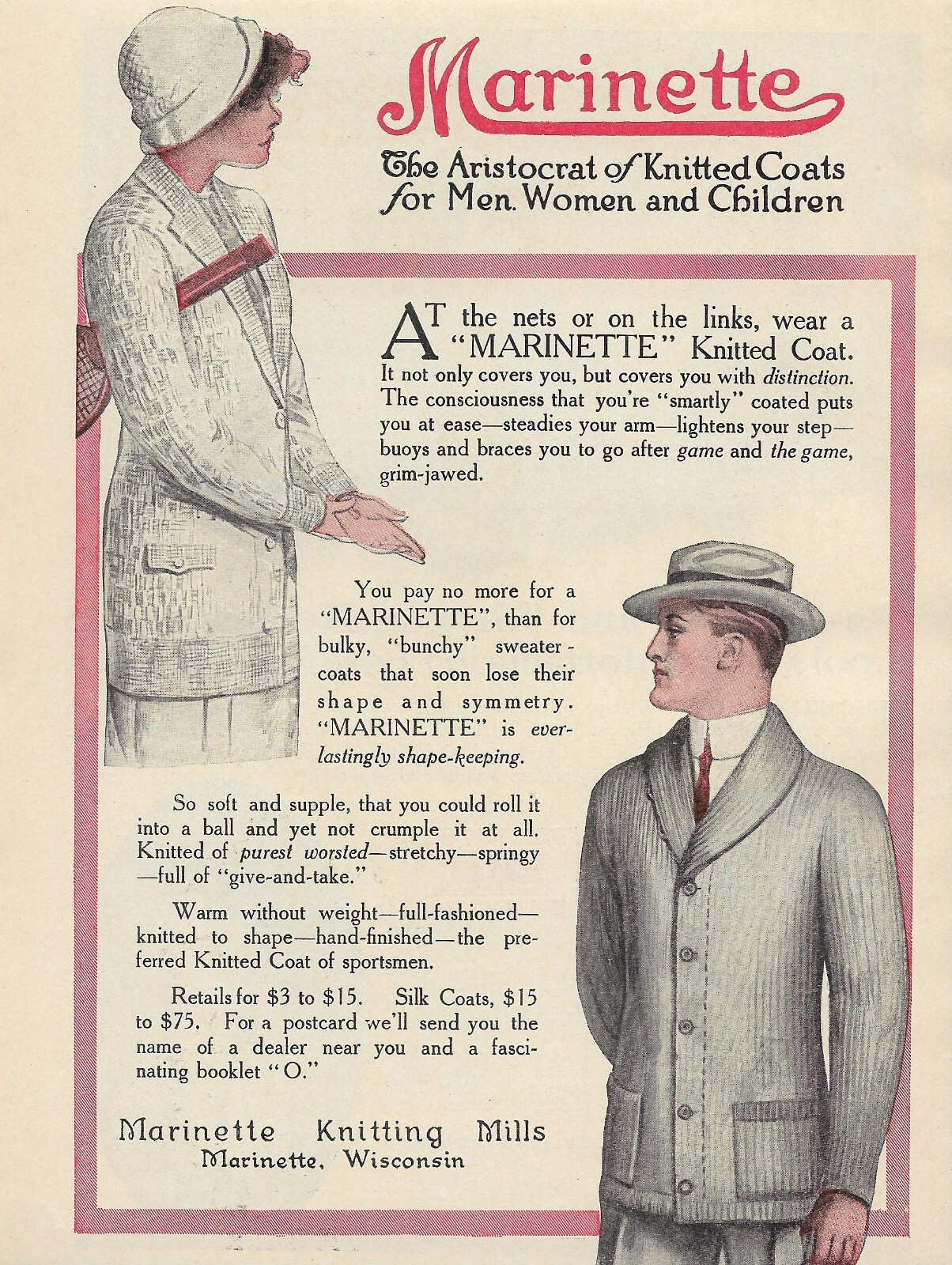 Antique 1900\'s Men\'s & Women\'s Fashion - Marinette Knitted Coats - 1912 AD LOT