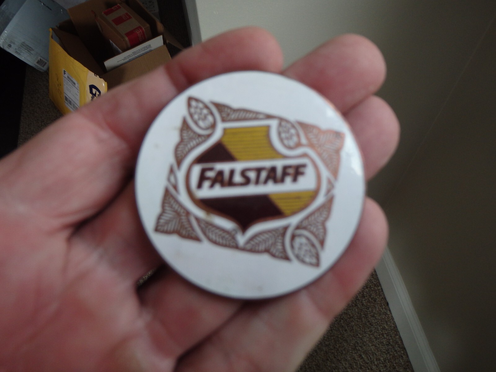 Falstaff beer emblem brass 1960s 2x2 inches     bx PC# 25 