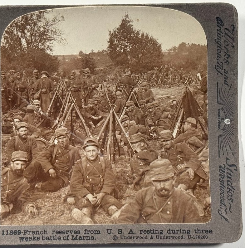 French Reserves from USA. Resting During Three Weeks Battle of Marne Stereoview