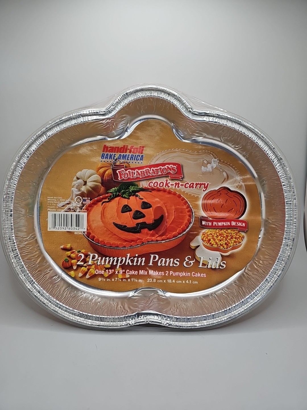 Vtg Handi-Foil 2 Pk Foilabrations Bake-n-Carry Halloween Pumpkin Cake Pan w Lids