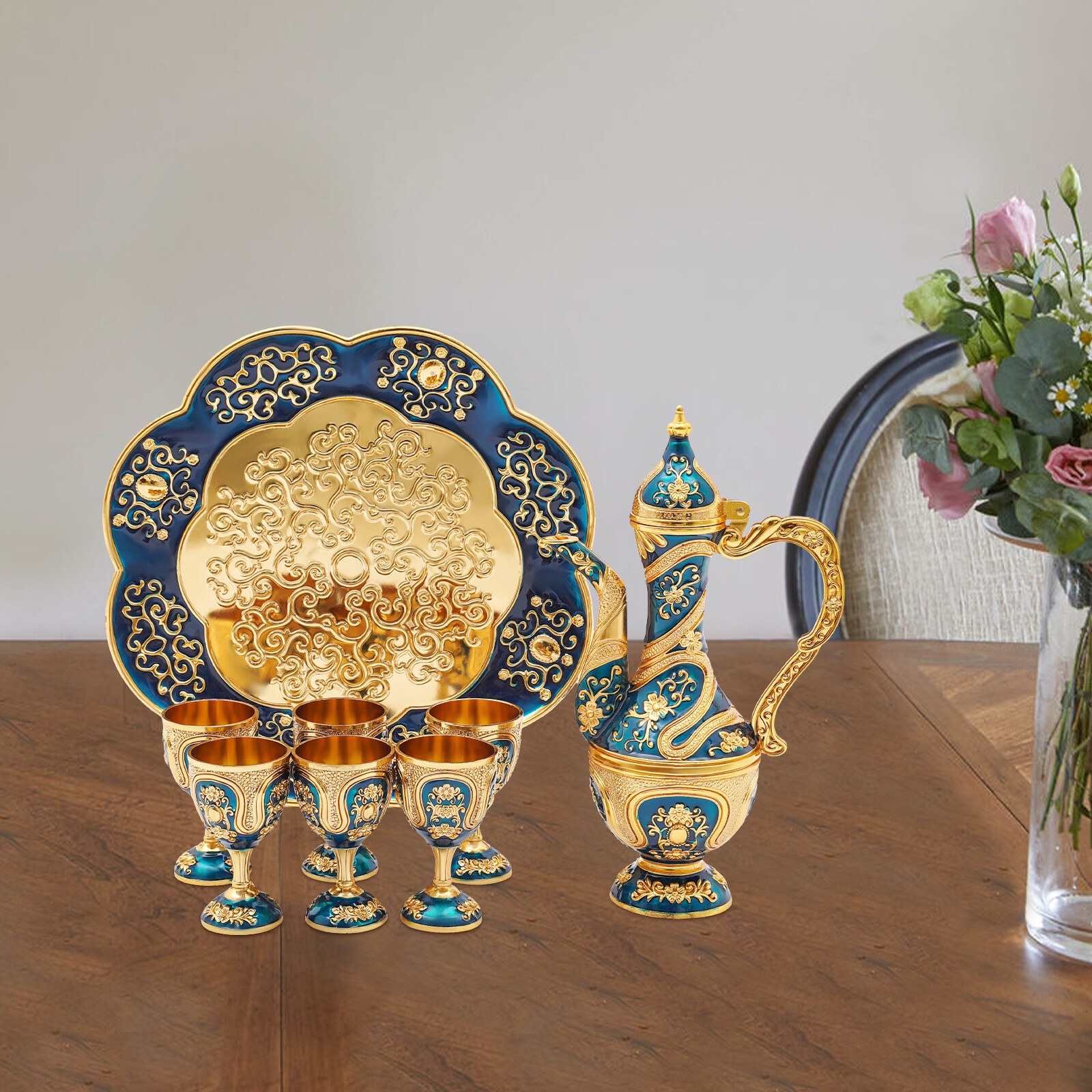 Multifunctional Vintage Coffee Pot Tea Tray And Cups Set For Wine Cabinet Decor