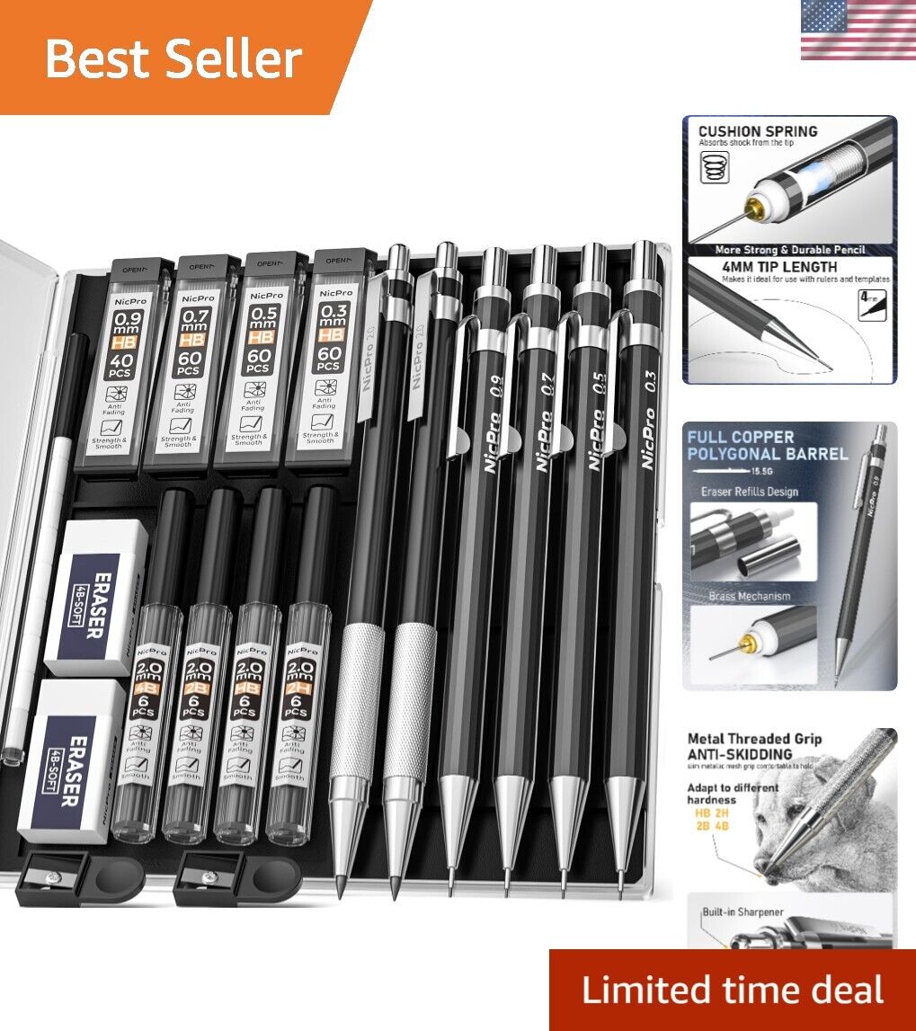 6 PCS Art Mechanical Pencils Set, Black Metal Drafting Pencil 0.3, 0.5, 0.7, ...
