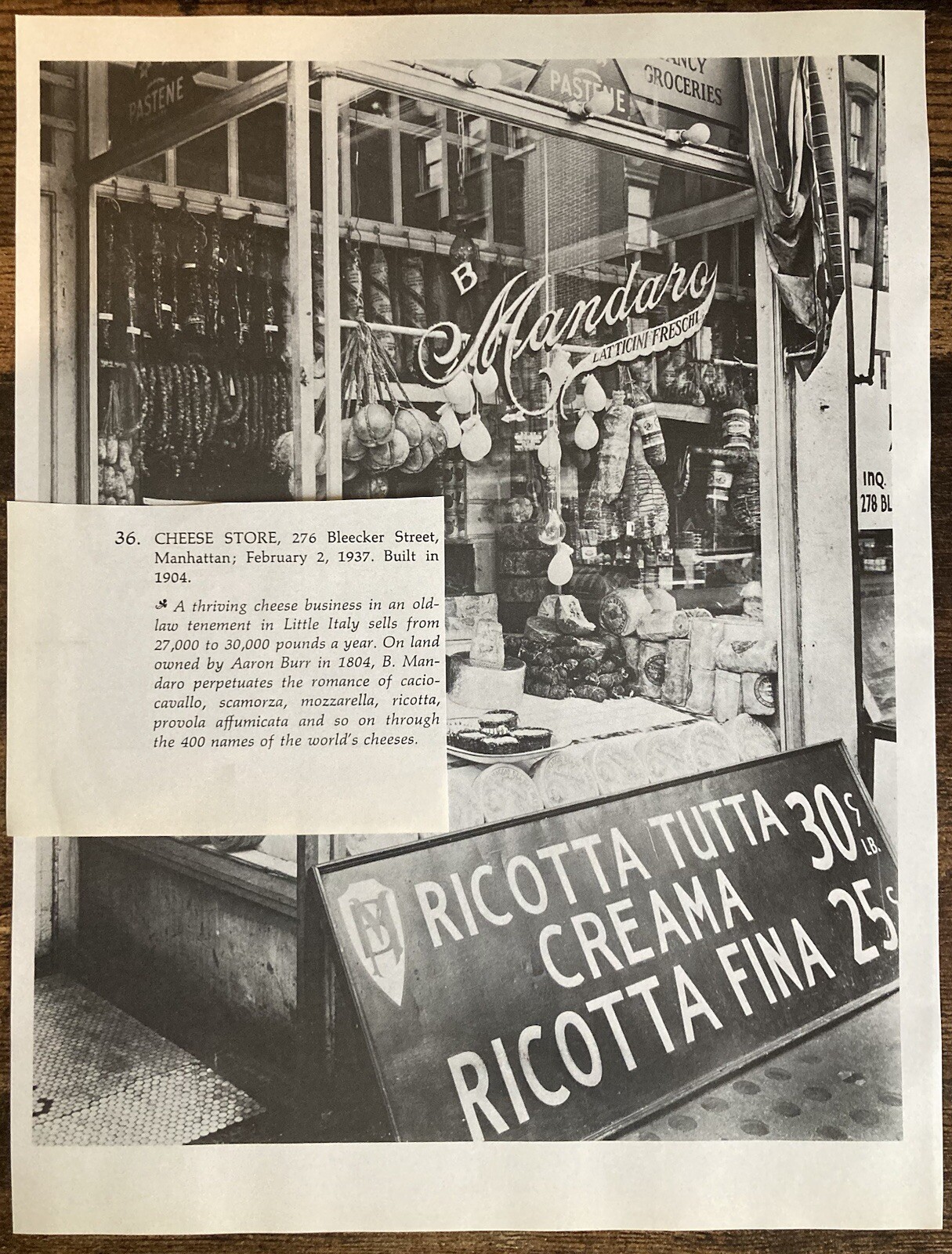 Book Clipping Photo B Mandaro Cheese Store Bleecker St Manhattan NY 1937