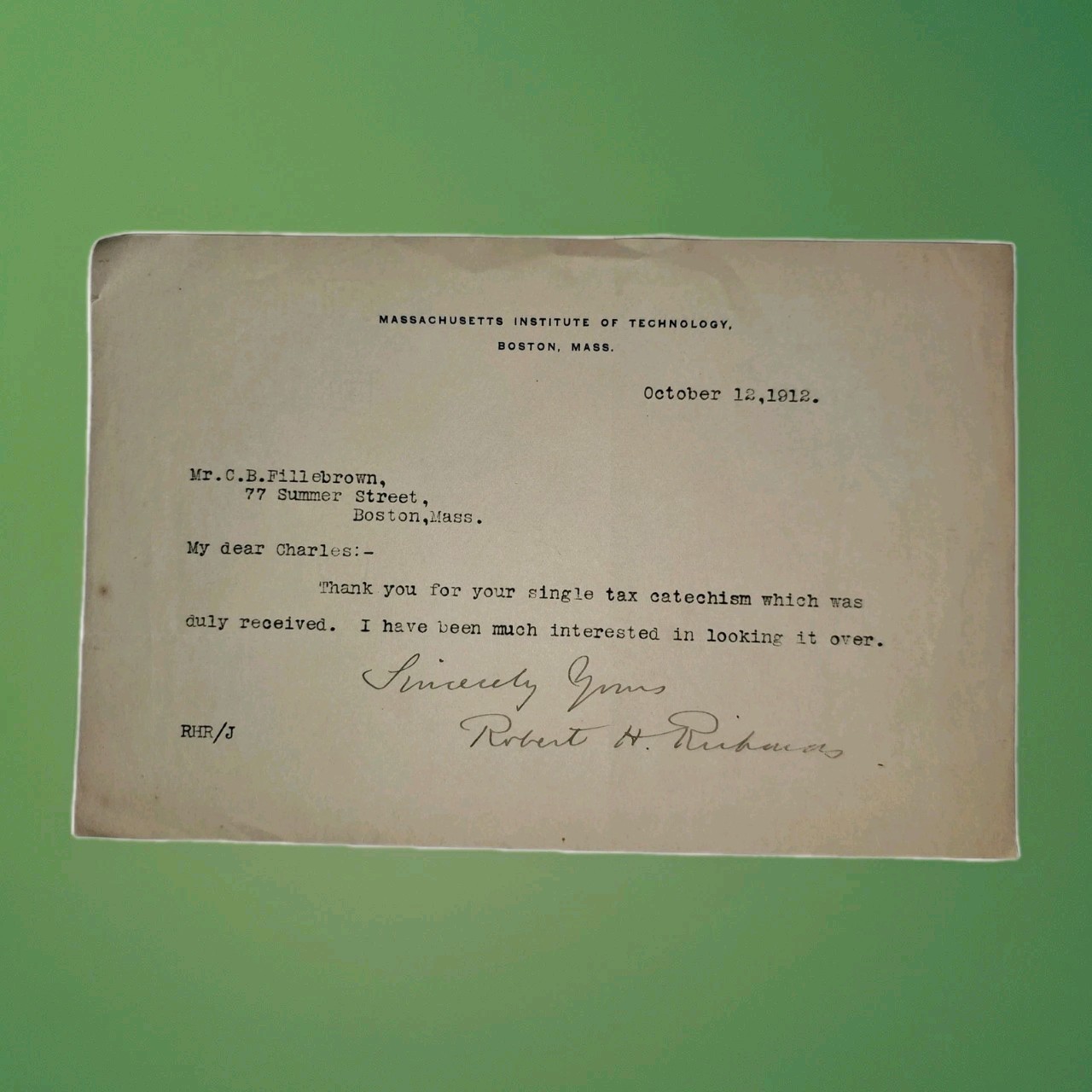 1912 MIT Letter Robert H Richards Signed Single Tax Fillebrown Boston