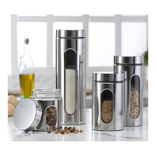 Le'raze 4pc SS Canister Set for Kitchen Counter w/ Glass Window & Airtight Lids