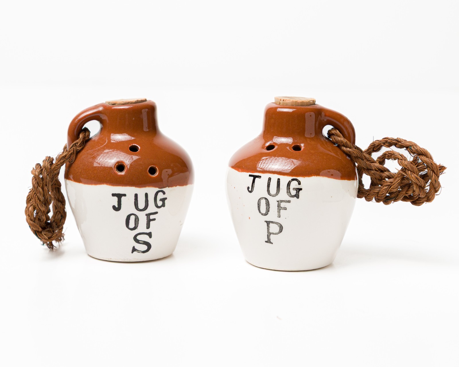 Vintage Little Brown Jug Salt Pepper Shakers Ceramic Rope Handles Corks Japan