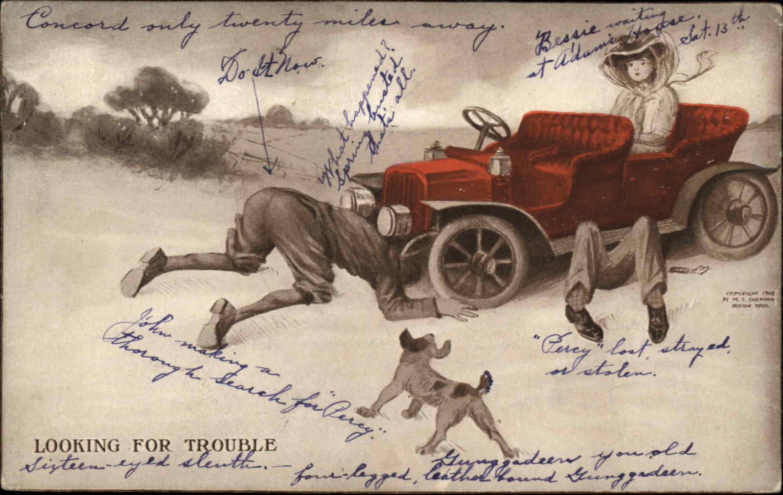 Pretty Woman Comic Men Run Over By Car Gilt Edge c1910s Postcard