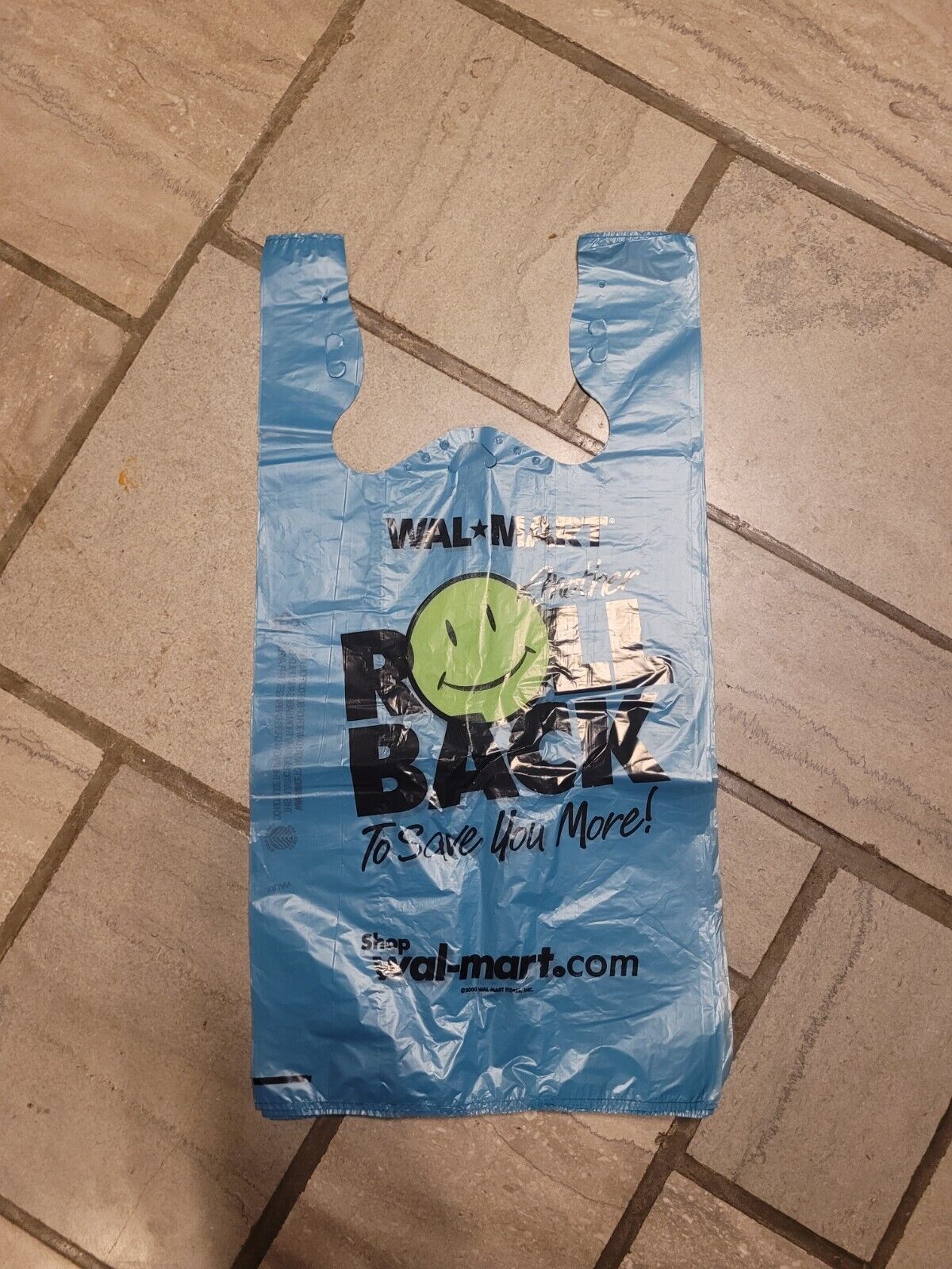 6x 2001 Vintage Blue Plastic Walmart Shopping Store Bag Roll Back Smiley Face