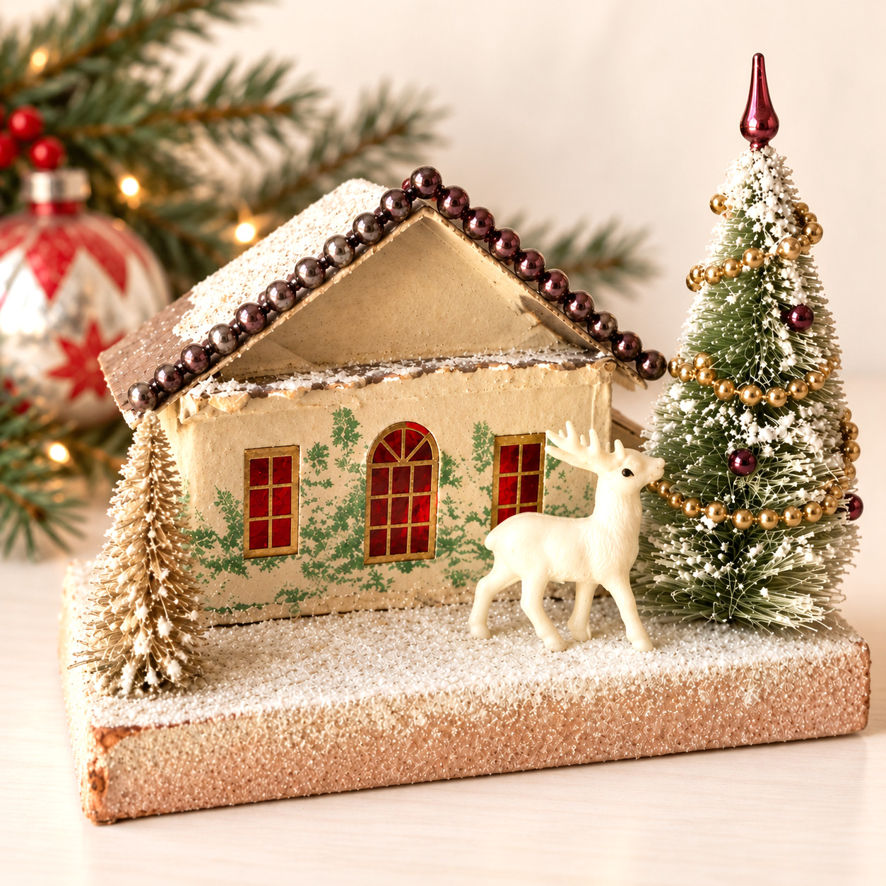 Vintage Japan Christmas Putz House Reindeer Bottle Brush Tree Mercury Glass 5.5\