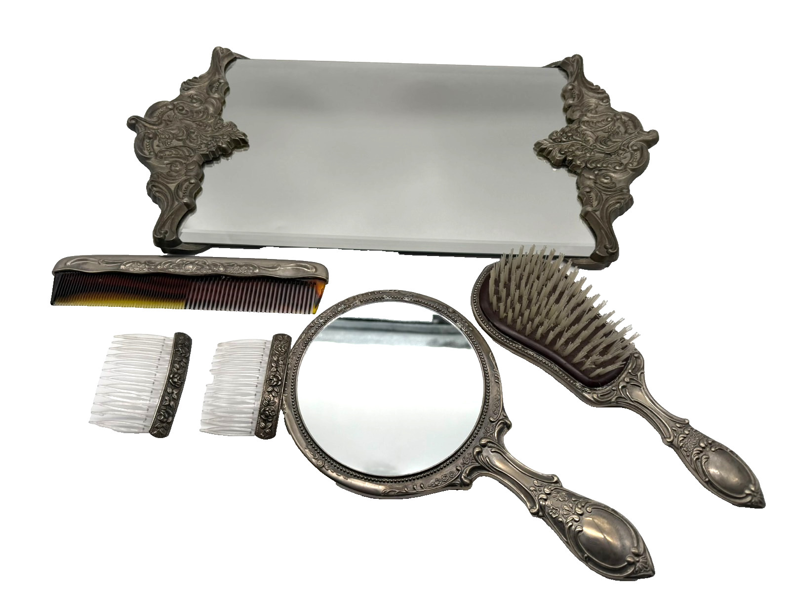 Vintage 6 Piece Vanity Tray Comb Brush Handheld Mirror Berets Set
