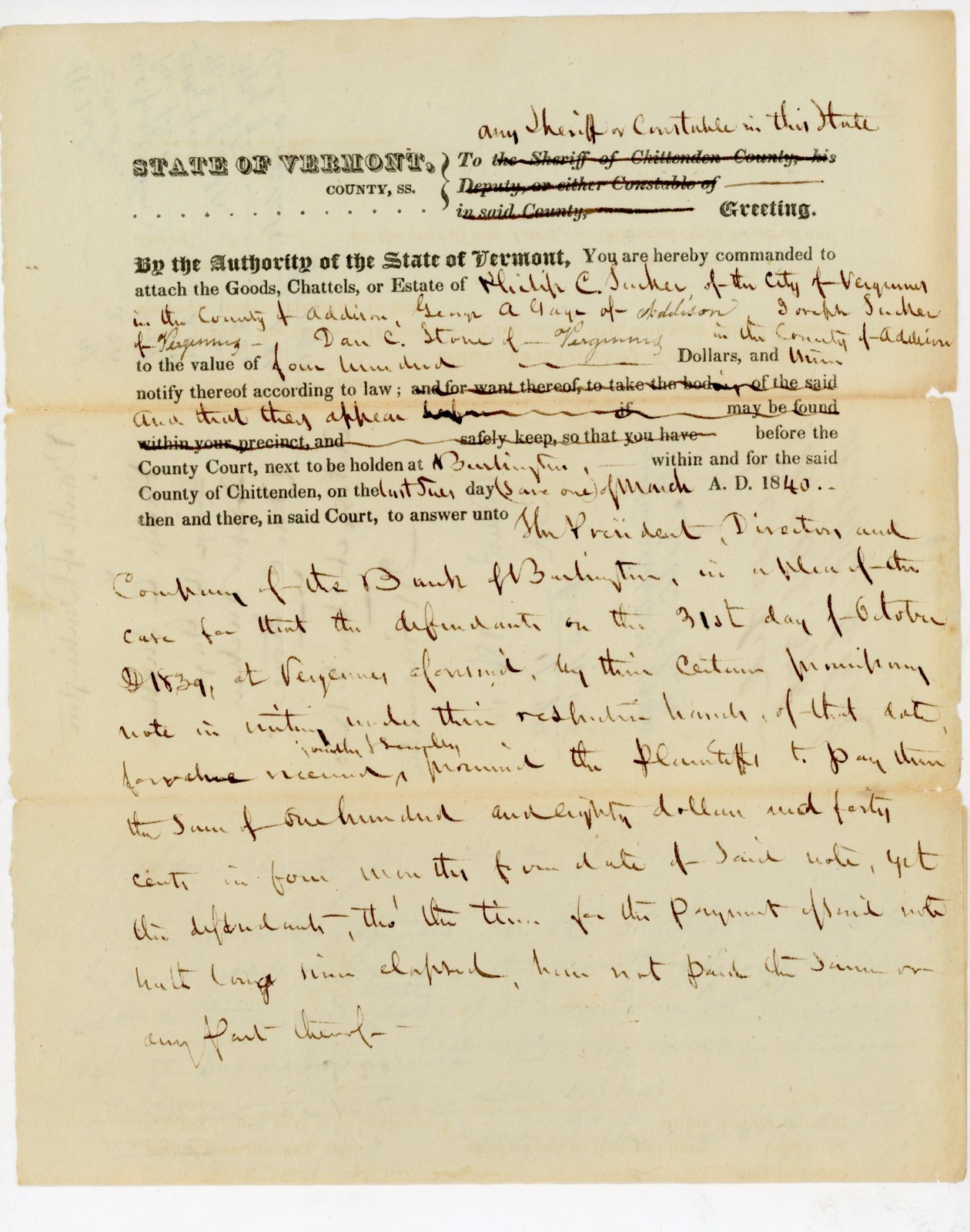 1840 Vermont Court Writ & Sheriff Chittenden Burlington Debt Signed JW Pomeroy