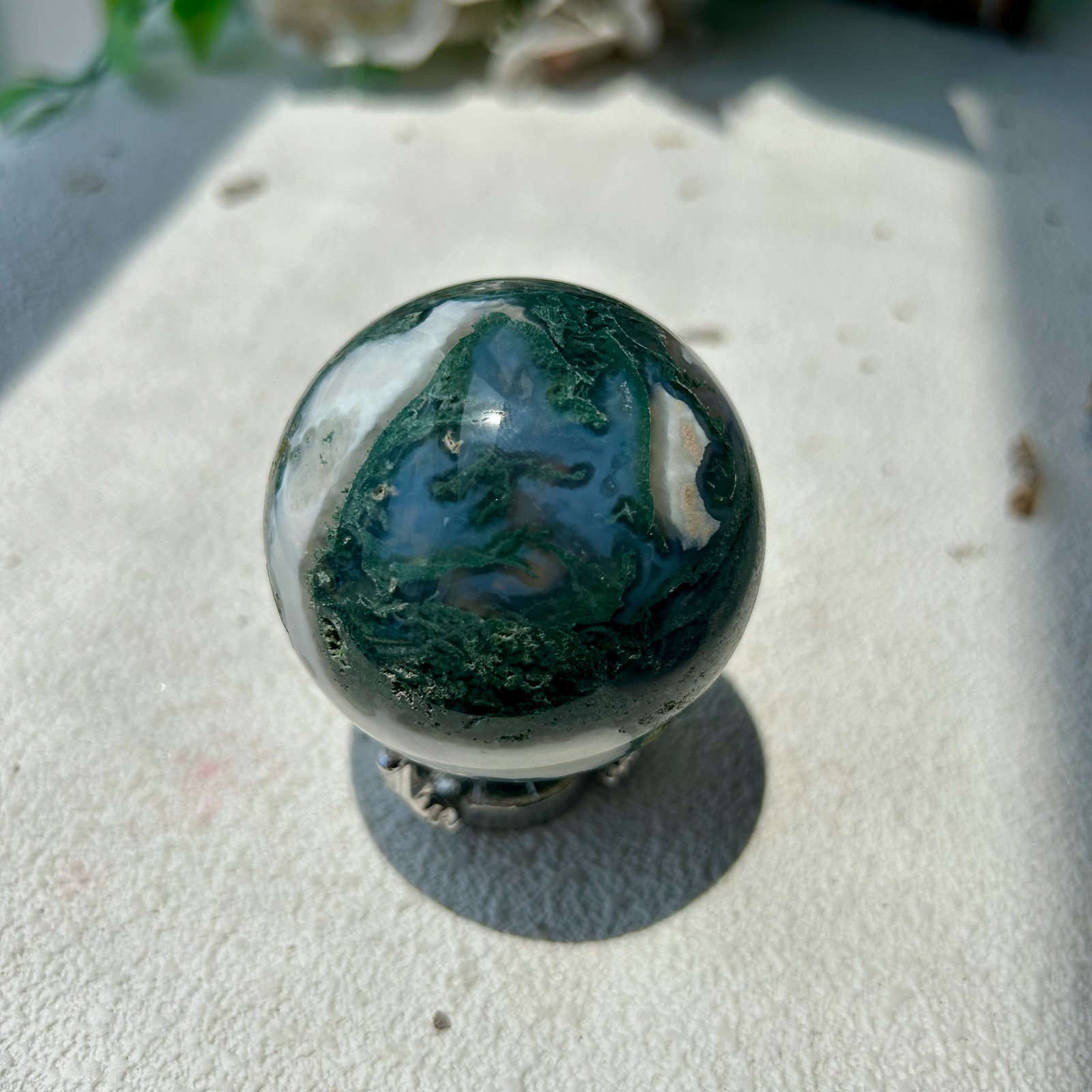 56mm 225g Natural Druzy Moss Agate Sphere Ball Quartz Crystal Healing 57th