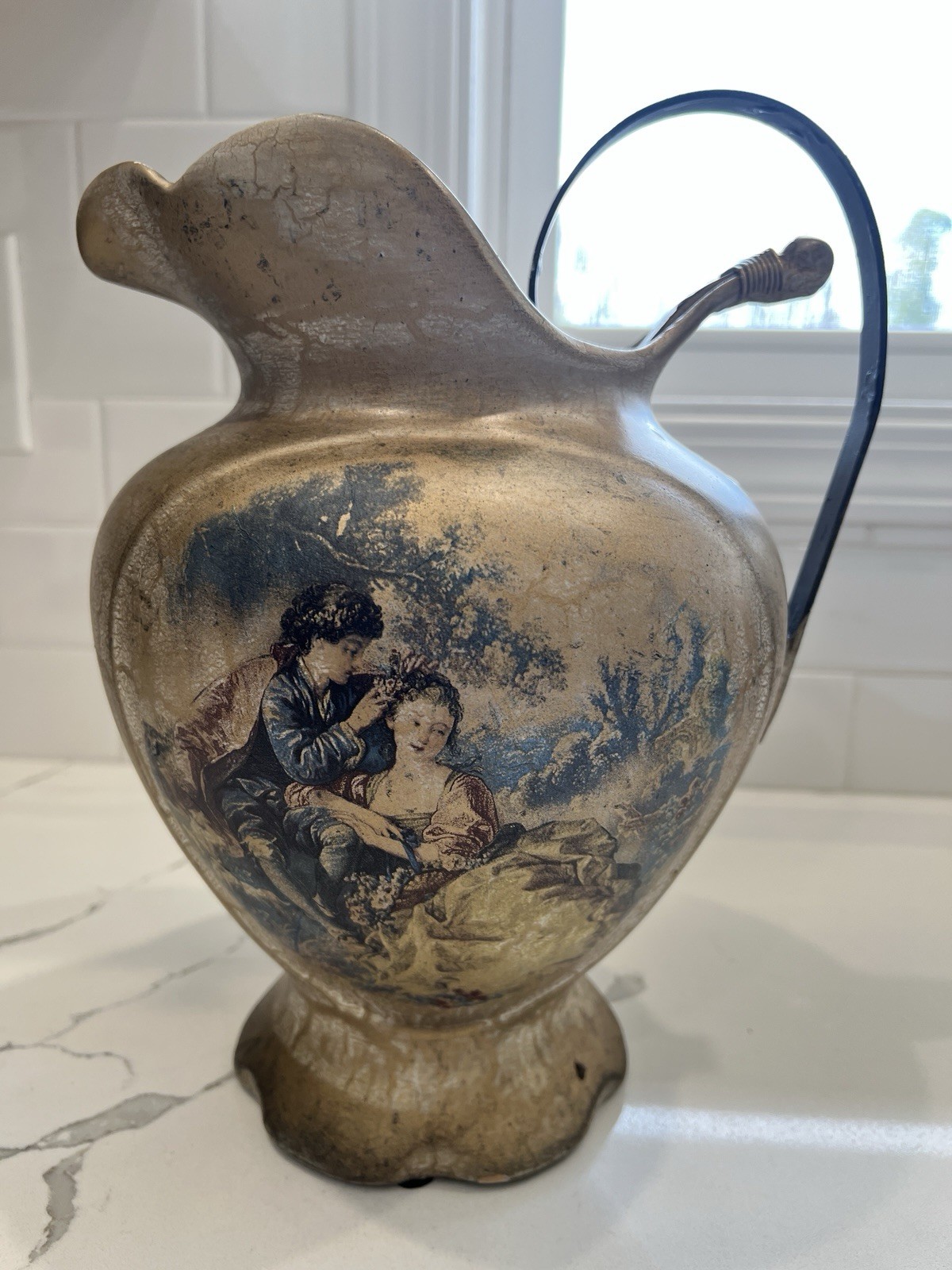 Antique Wiehler Gobelin Pitcher Crackled Gold Tone Finish Painted “Young Lovers”