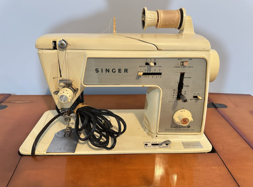 Vintage Singer Touch & Sew 648 Machine in Drop-Leaf Wood Cabinet – MCM