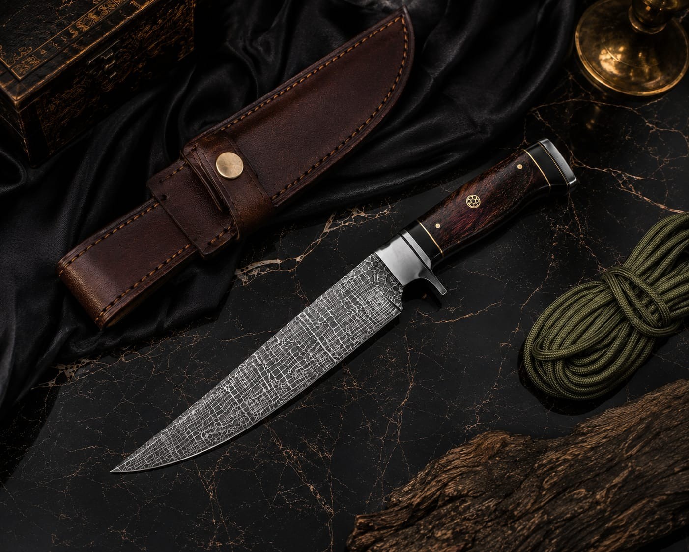 Handmade Mosaic Pattern Damascus Custom Hunting Knife 1095 & 15N20 Steel