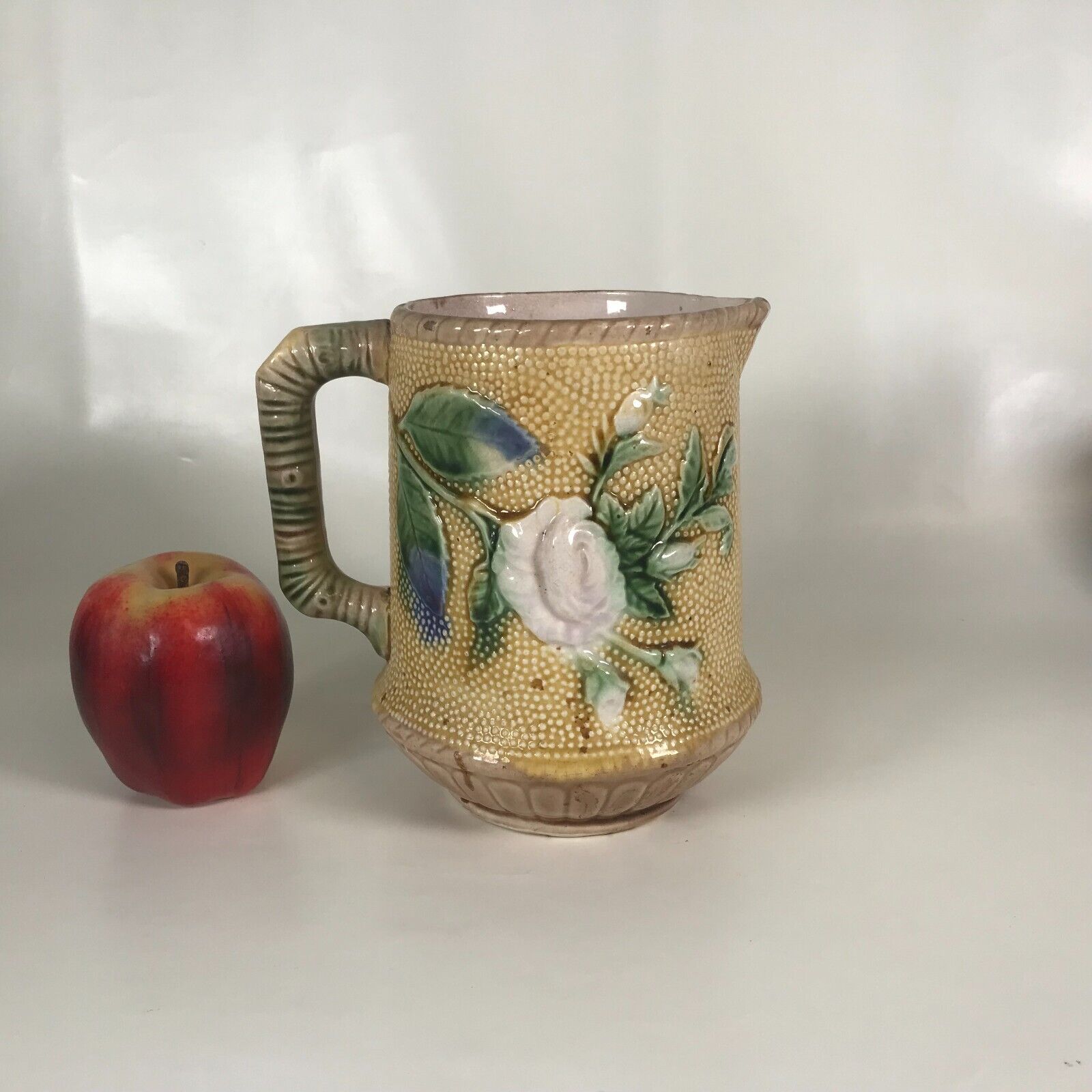 19th C. Majolica Pitcher With Rose Decoration