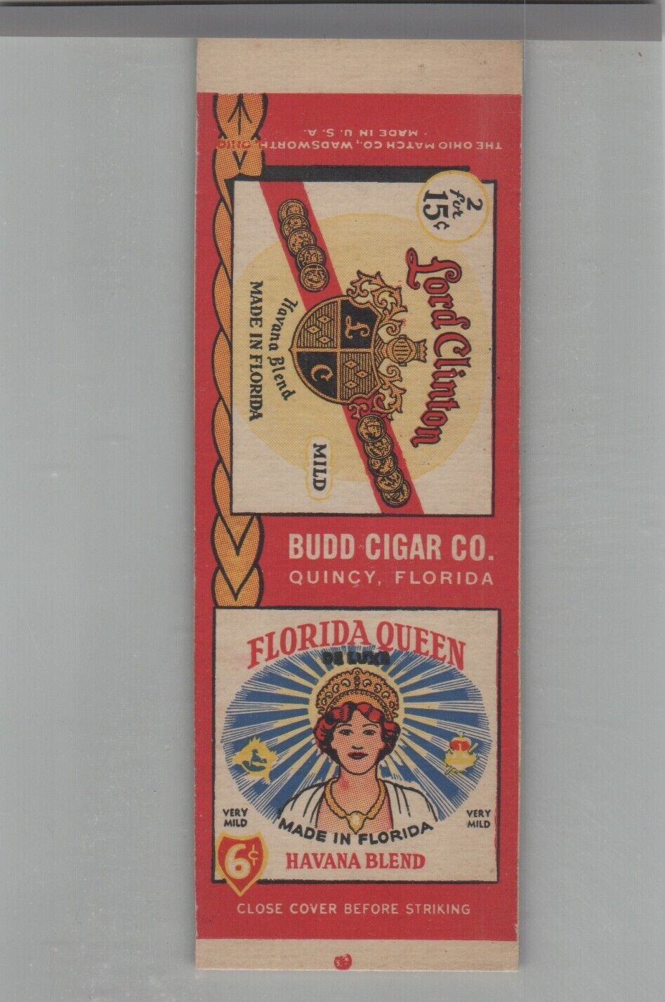 Matchbook Cover Florida Queen Havana Tobacco Budd Cigar Co Quincy, FL Sample