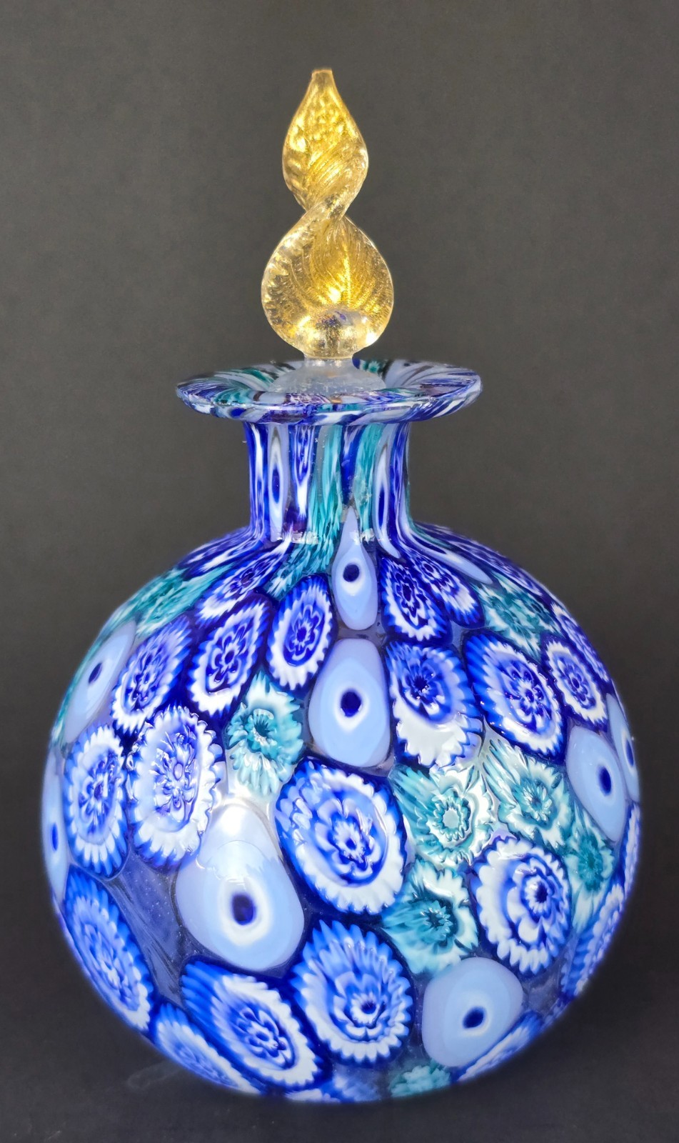 VTG Italian MURANO Studio Art Glass Blue Millefiori Gold Stopper Perfume Bottle