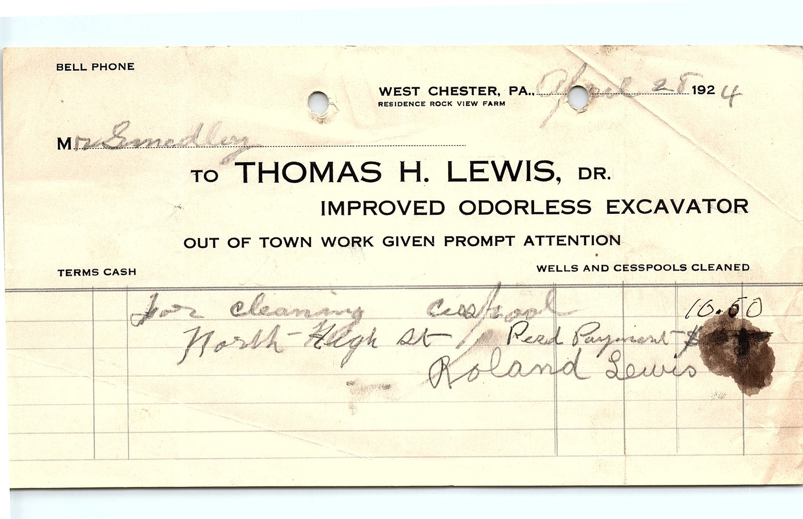 1924 Thomas H. Lewis Odorless Excavator Billhead