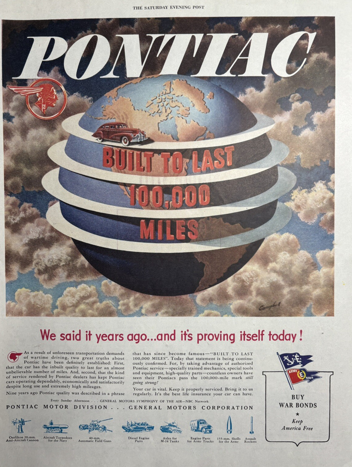 1945 Pontiac Motor Division WWII General Motors Built Last Bonds VTG Print Ad