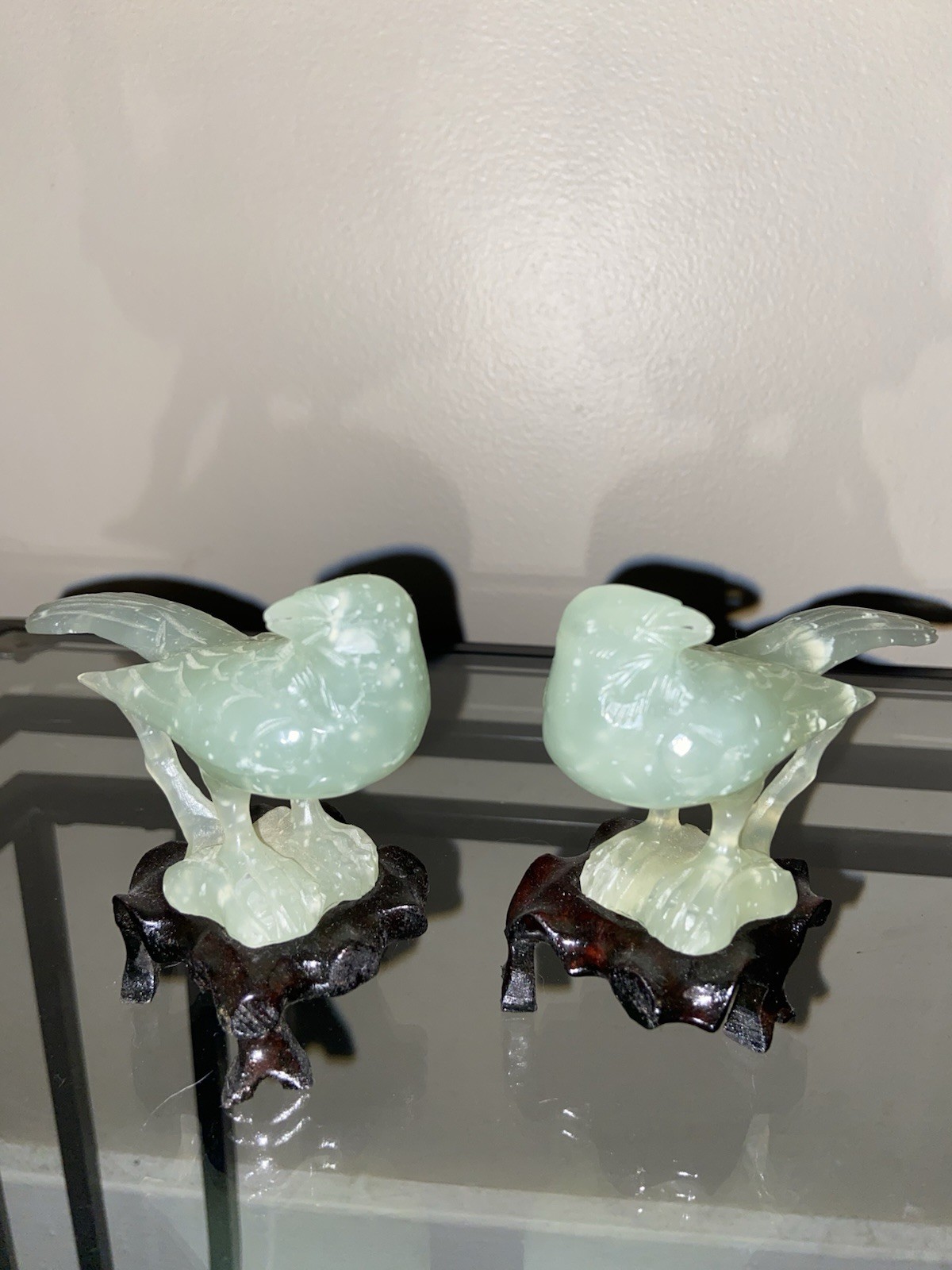 Vintage Pair of Chinese Celadon Jade Hardstone Birds on Hardwood Stands