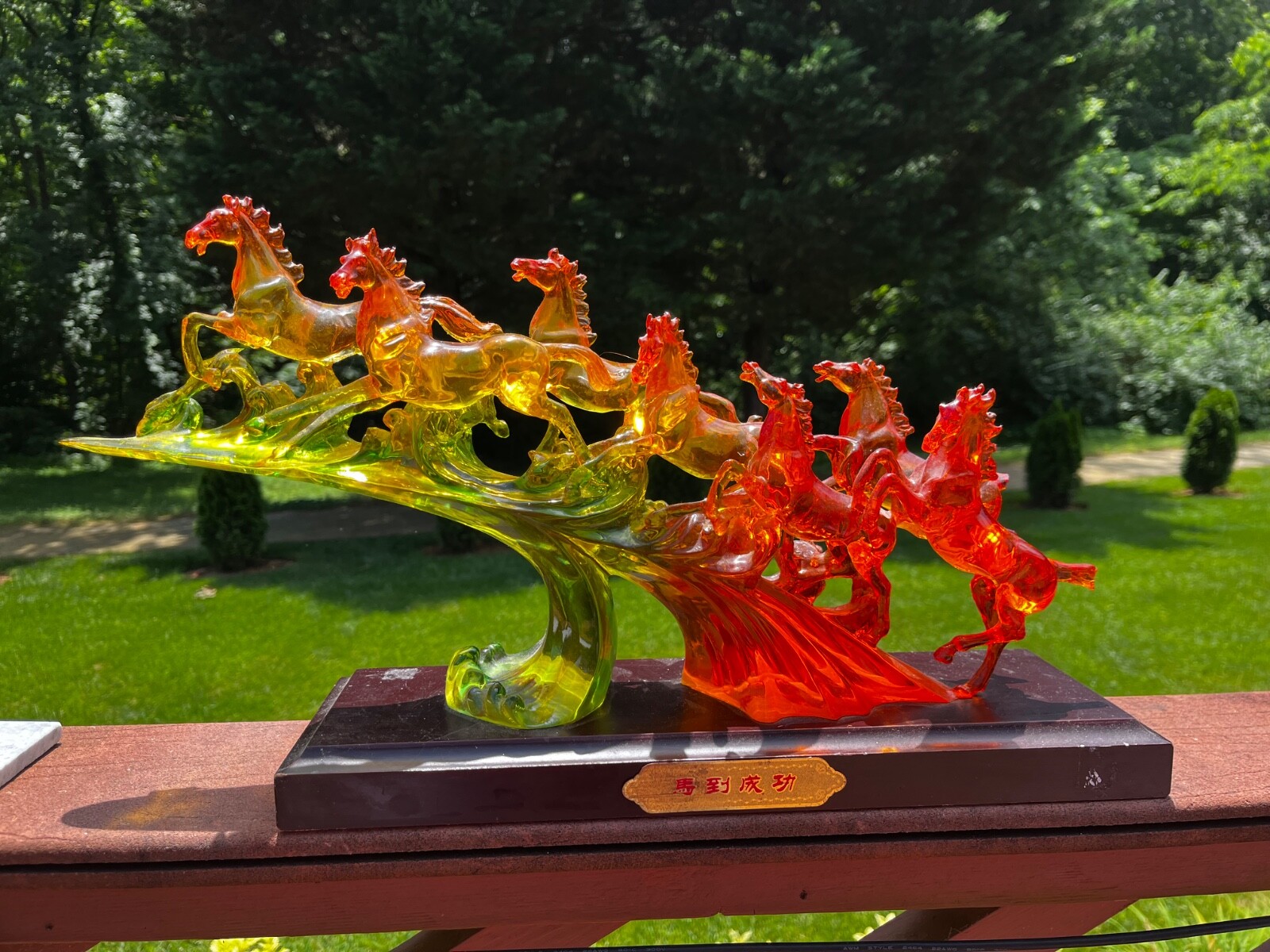 Vintage lucid red yellow green Horses Sculpture on wood stand..large..