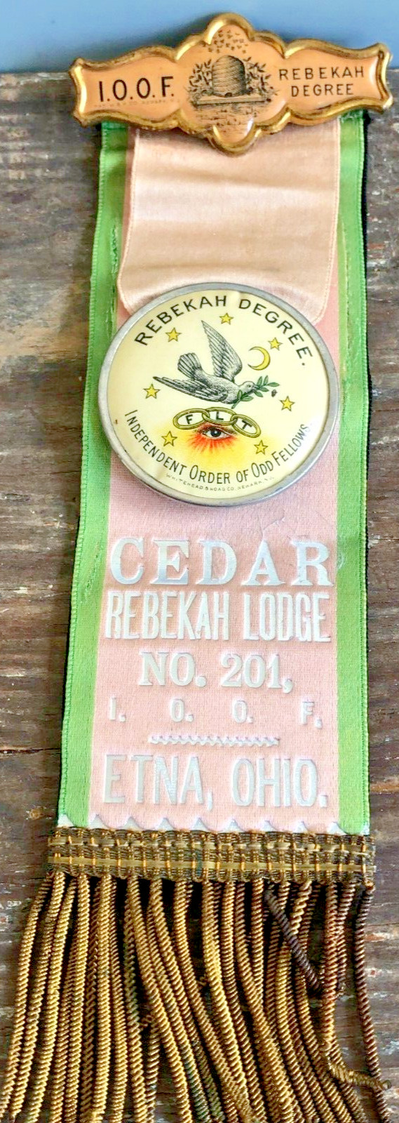 Antique c1870 Etna Ohio Rebekah Lodge Odd Fellows Reversible Ribbon Pinback IOOF